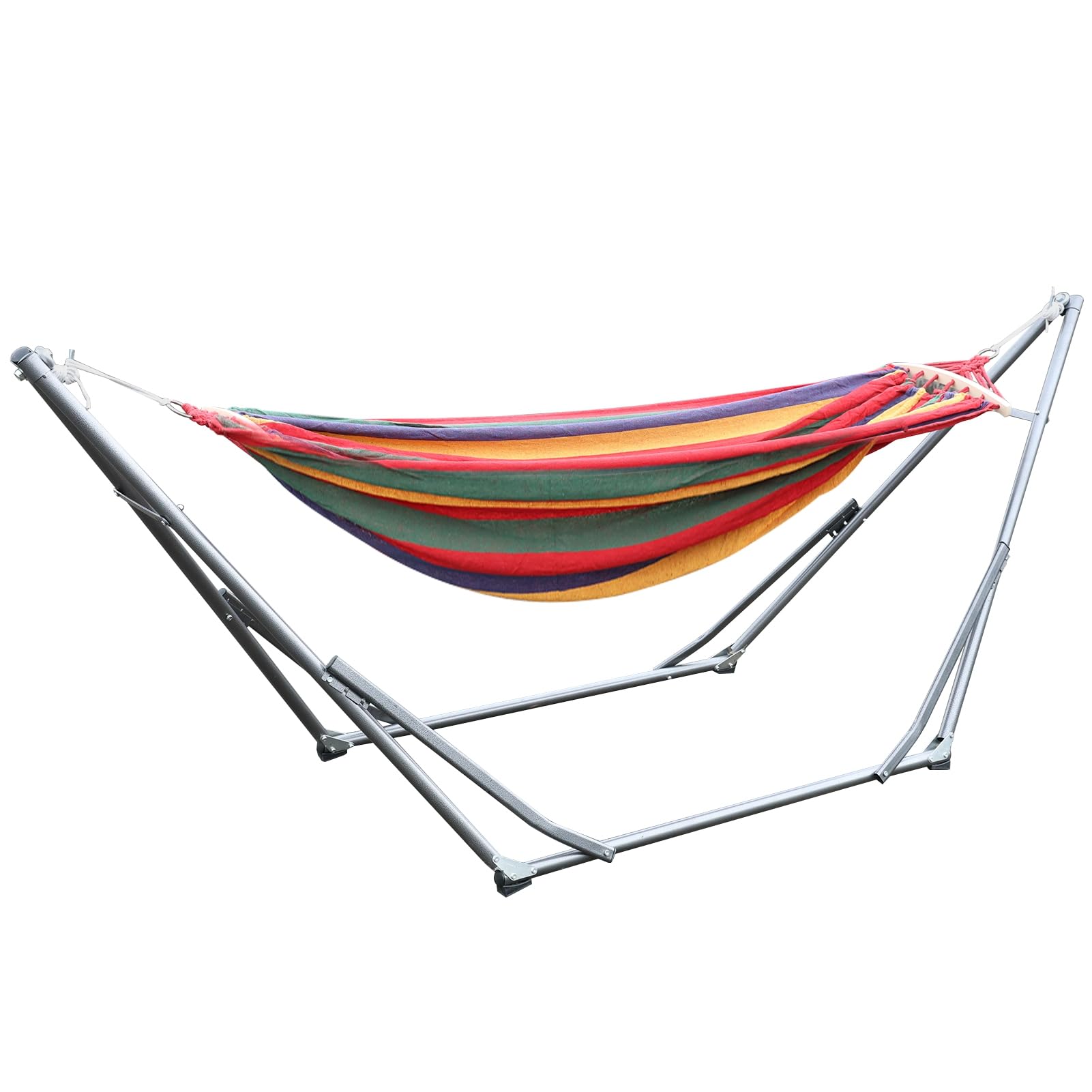 (Similar incompleto)Double Hammock with Metal Stand and Carrying Bag, Indoor Hammock Stand 440 lb Load Capacity Striped Print, for Patio Porch Garden Backyard Outdoor and Indoor Red