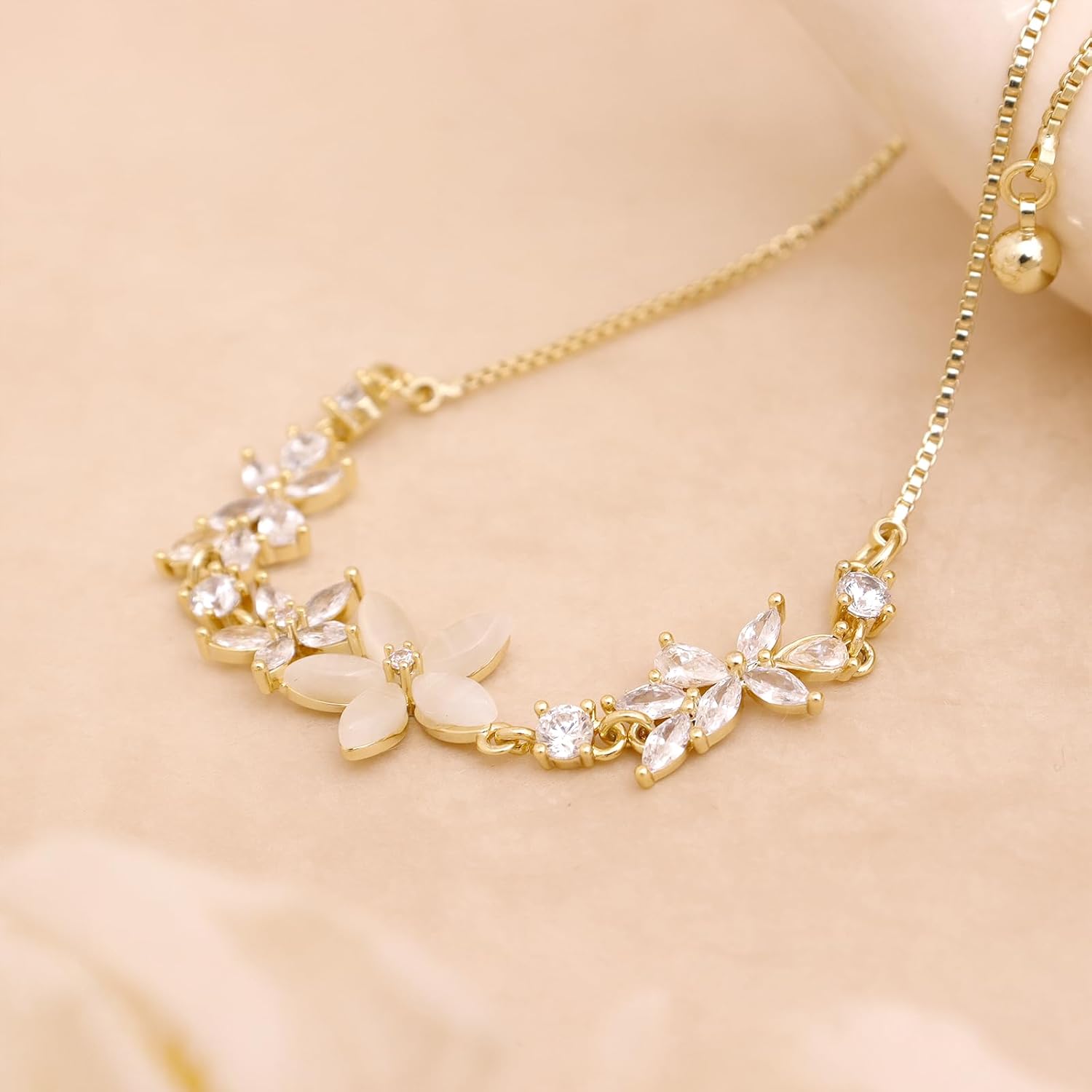 Dainty Gold Flower Bracelets for Women, Trendy Sparkly Adjustable Non Tarnish Box Chain Opal Marquise Rhinestone Slider Bracelet Spring Prom Holiday Jewelry Gift - Image 4