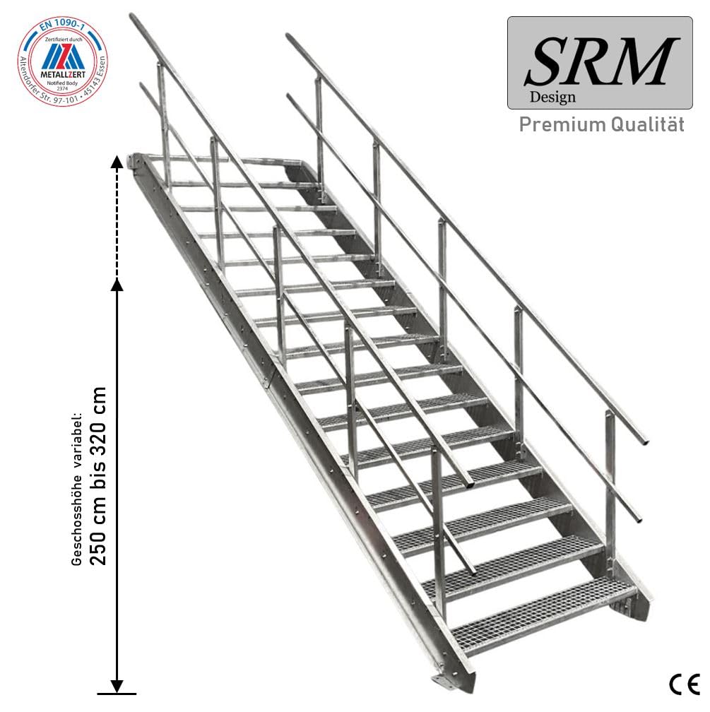 SRM Design 15 Stufen Stahltreppe mit beidseitigem Geländer Breite 100 cm Geschosshöhe 250-320 cm feuerverzinkt robuste Außentreppe Wangentreppe stabile Industrietreppe für den Außenbereich