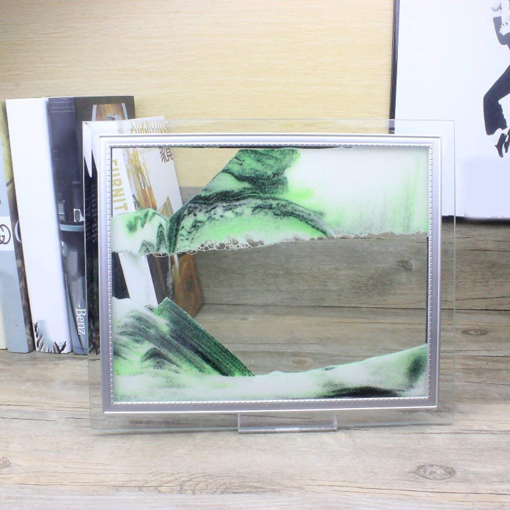 fourseasons Moving Sand Art Pictures 3D Desktop Natural Landscape Flowing Sand Picture with Frame Base(Green)