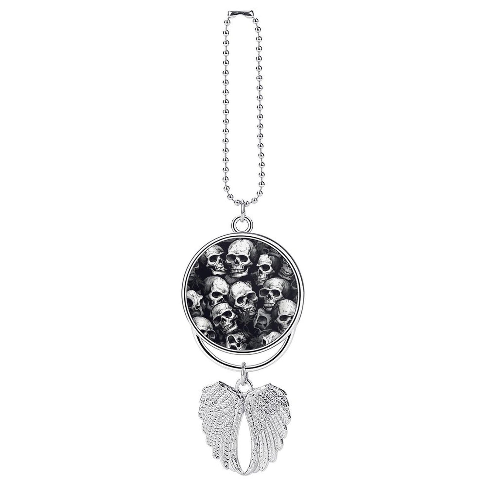 Skulls Pattern Car Pendant Car Rearview Mirror Pendant Custom Photo Car Hanging Ornament Car Rear View Mirror Hanging Accessories Angel Wing Car Charm Gift for Men Women