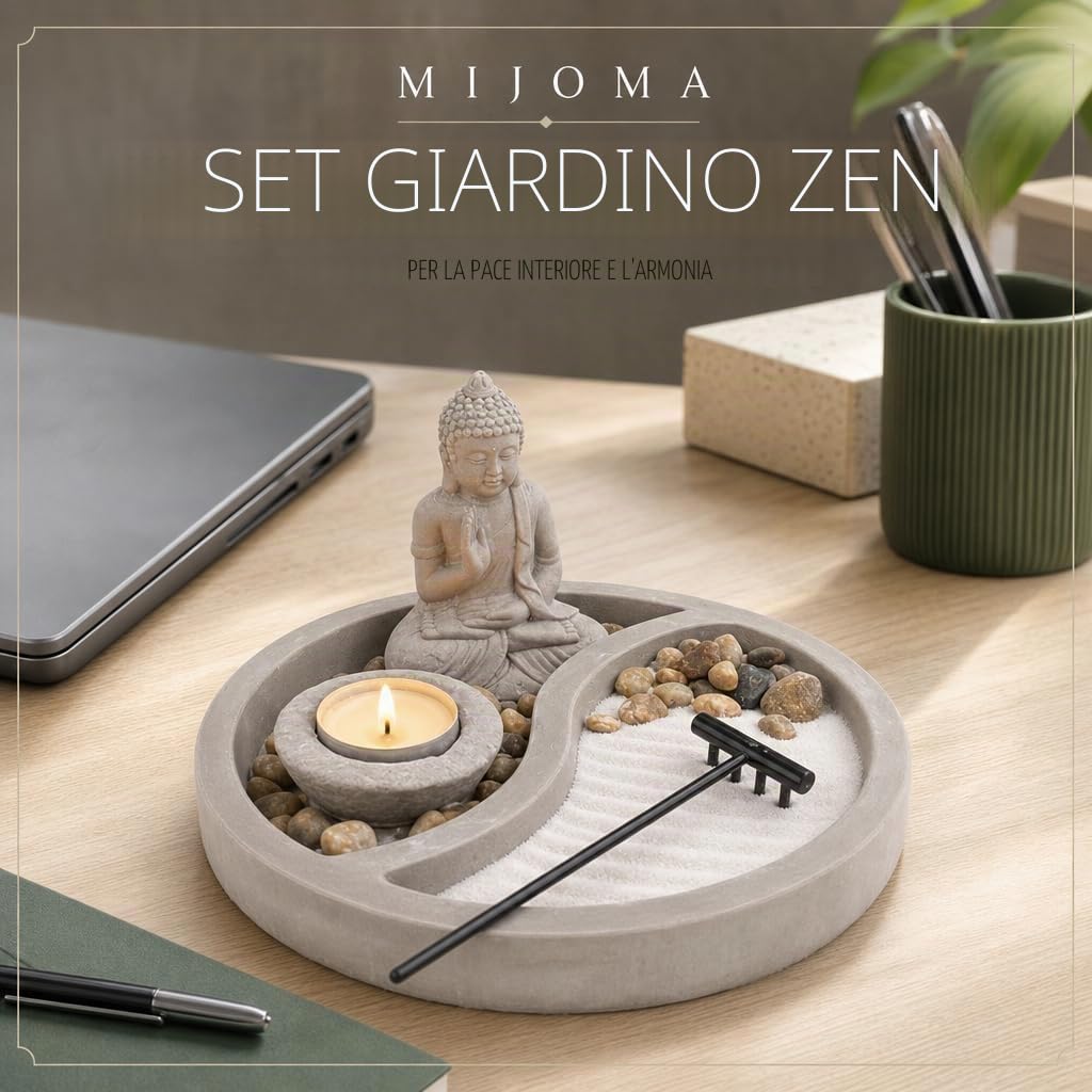 Mijoma Statuetta di Buddha su piatto di cemento con porta candeline, rastrello, pietre decorative e sabbia, set da giardino Zen per la pace e l'armonia (Ø 19 cm)