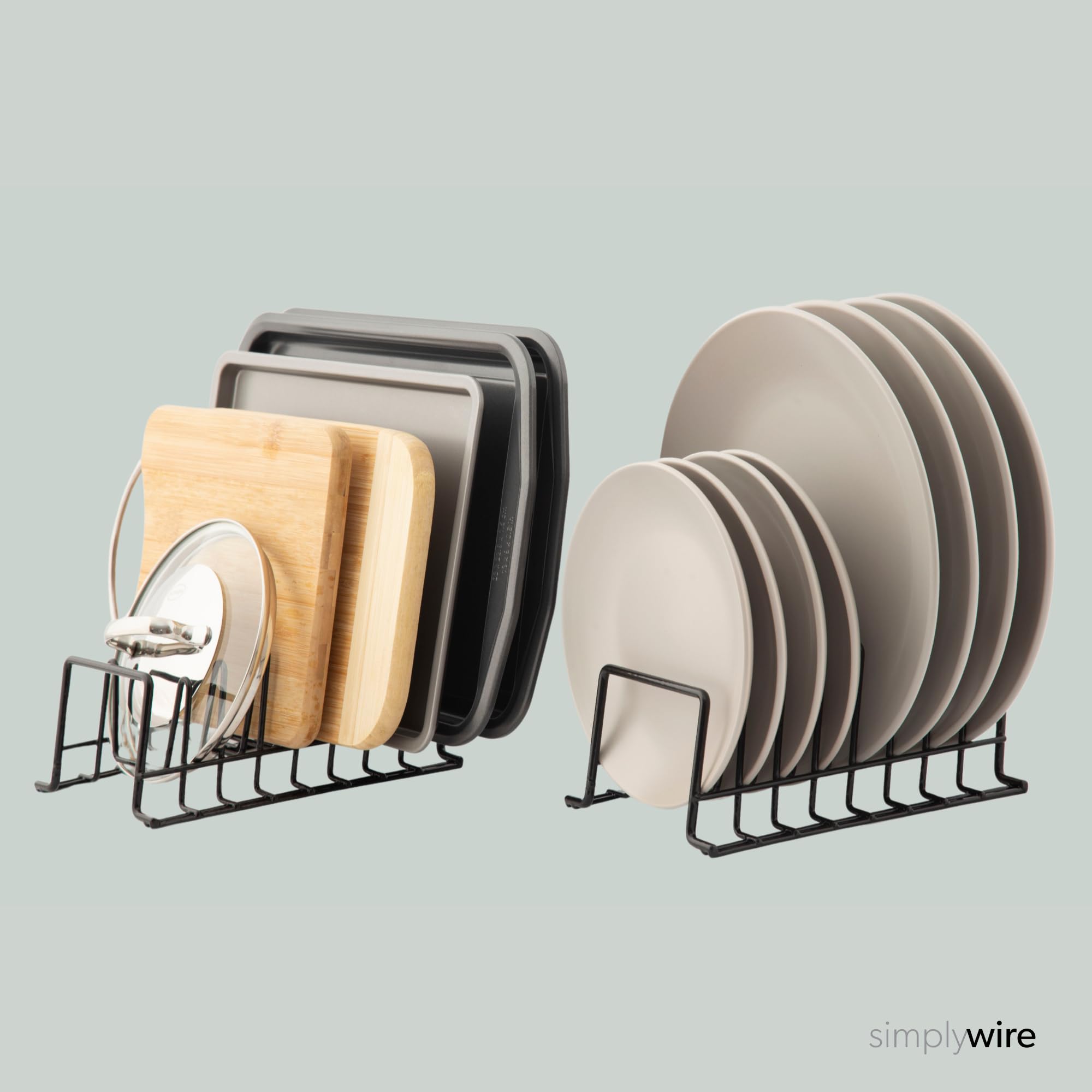 simplywire - Confezione da 2 - Rastrelliera per Piatti/Scolapiatti - Organizer per Credenze da Cucina - Acciaio Rivestito in Plastica Nera - Piccolo