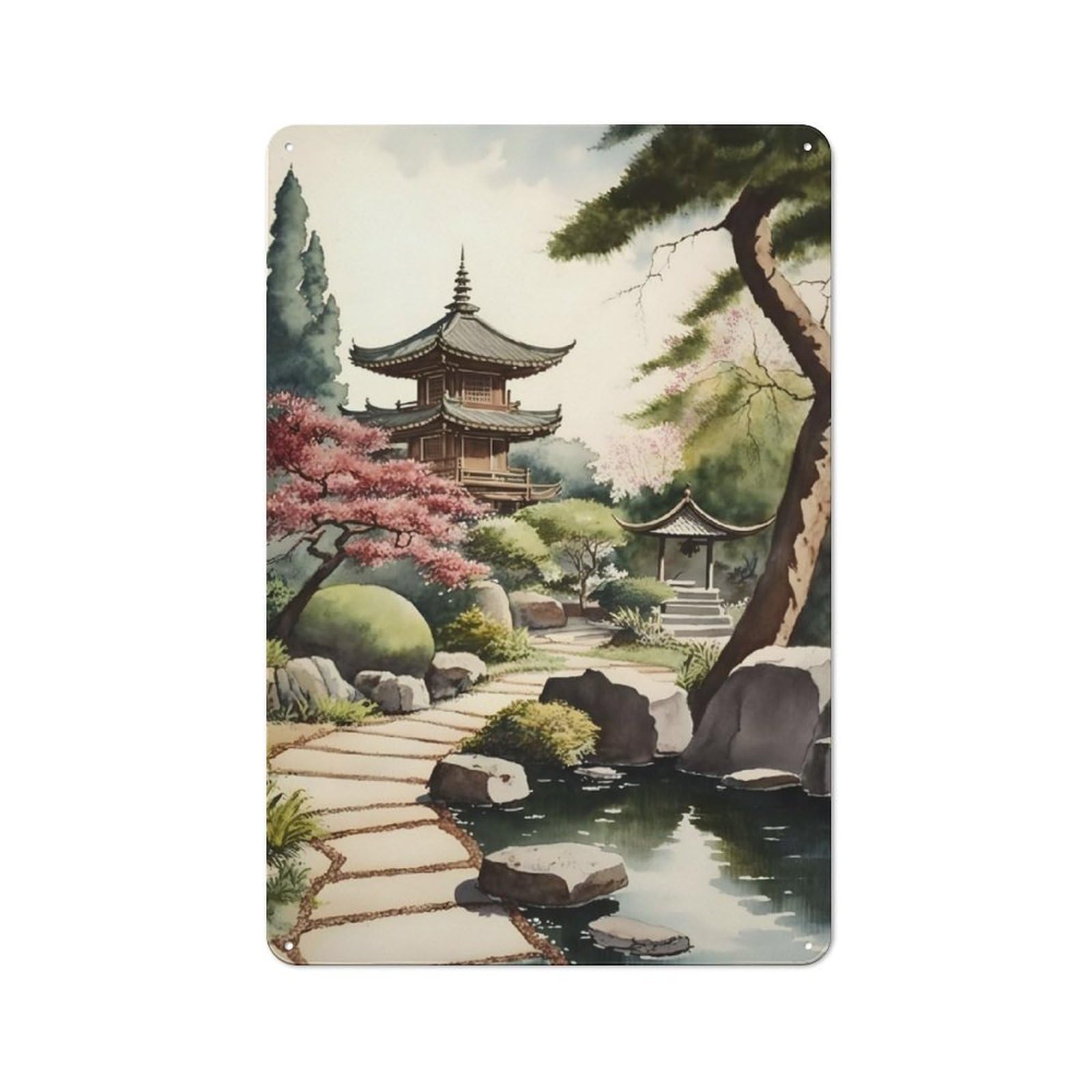 Japanese Garden Watercolor Retro Metal Sign 30x20cm, Distressed Look Retro Room Decor for Living Room, Hallway, Kitchen Or Cafe