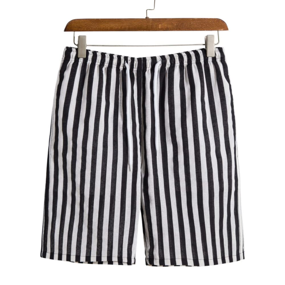 Camisa Hawaiana Hombre, Camisa Hawaiana para Hombre Y Pantalones Cortos De Playa Hawaianos Conjunto De Rayas De Lino De Algodón Negro Trajes De Hawaii Camisa De Playa De Manga Corta Casual Y Pantal