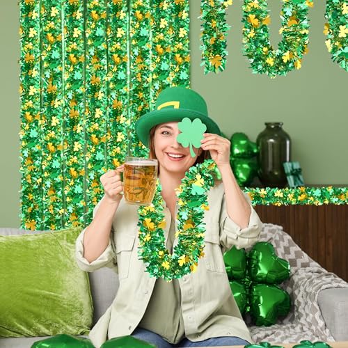 Image of 50FT St. Patrick's Day Tinsel Garland Shamrock Clover Green Gold Metallic Tinsel Twist Garland for Irish Saint Patricks Day Party Home Decor Indoor Outdoor Decoration