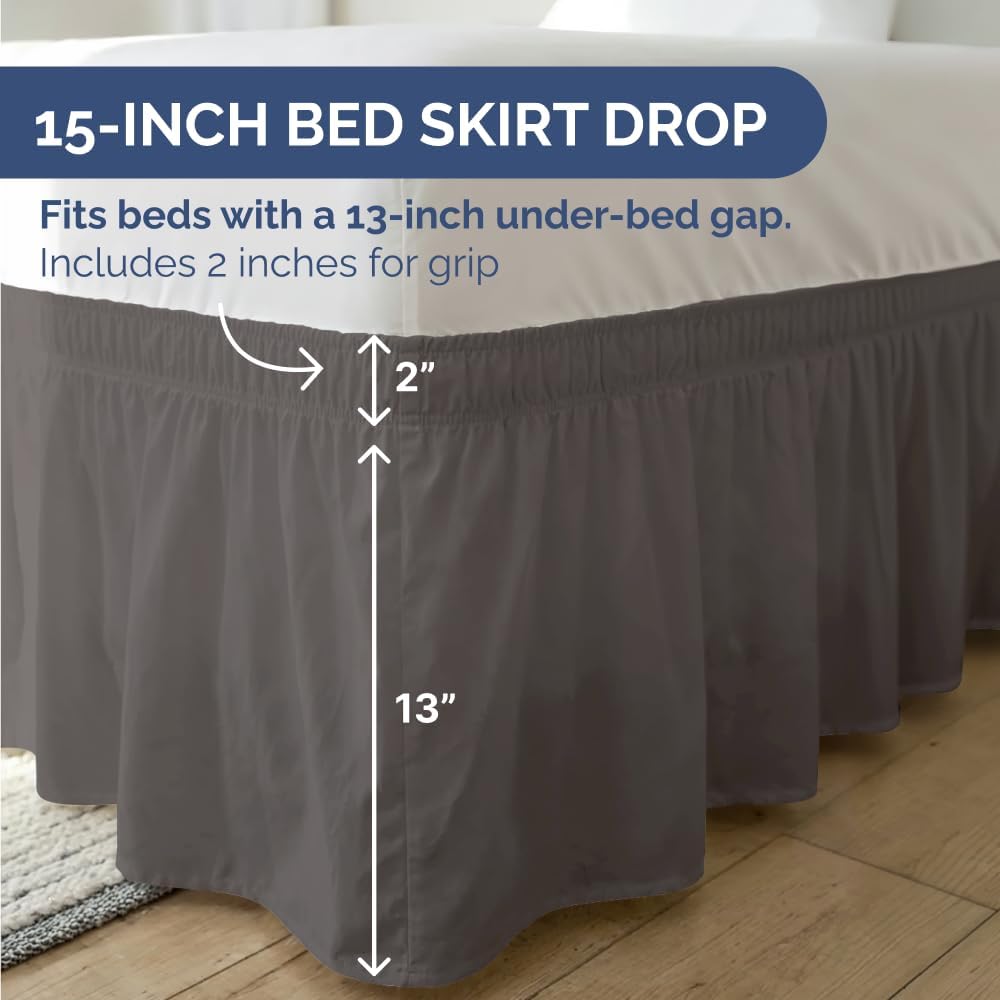 Wrap Around Dust Ruffle Bed Skirt - Dark Grey - for Queen Size Beds with 15 Inch Drop - Elastic Strap - Adjustable Pleated Bedskirt with Brushed Fabric and Wrinkle Free - for Women, Men, Kids & Teens