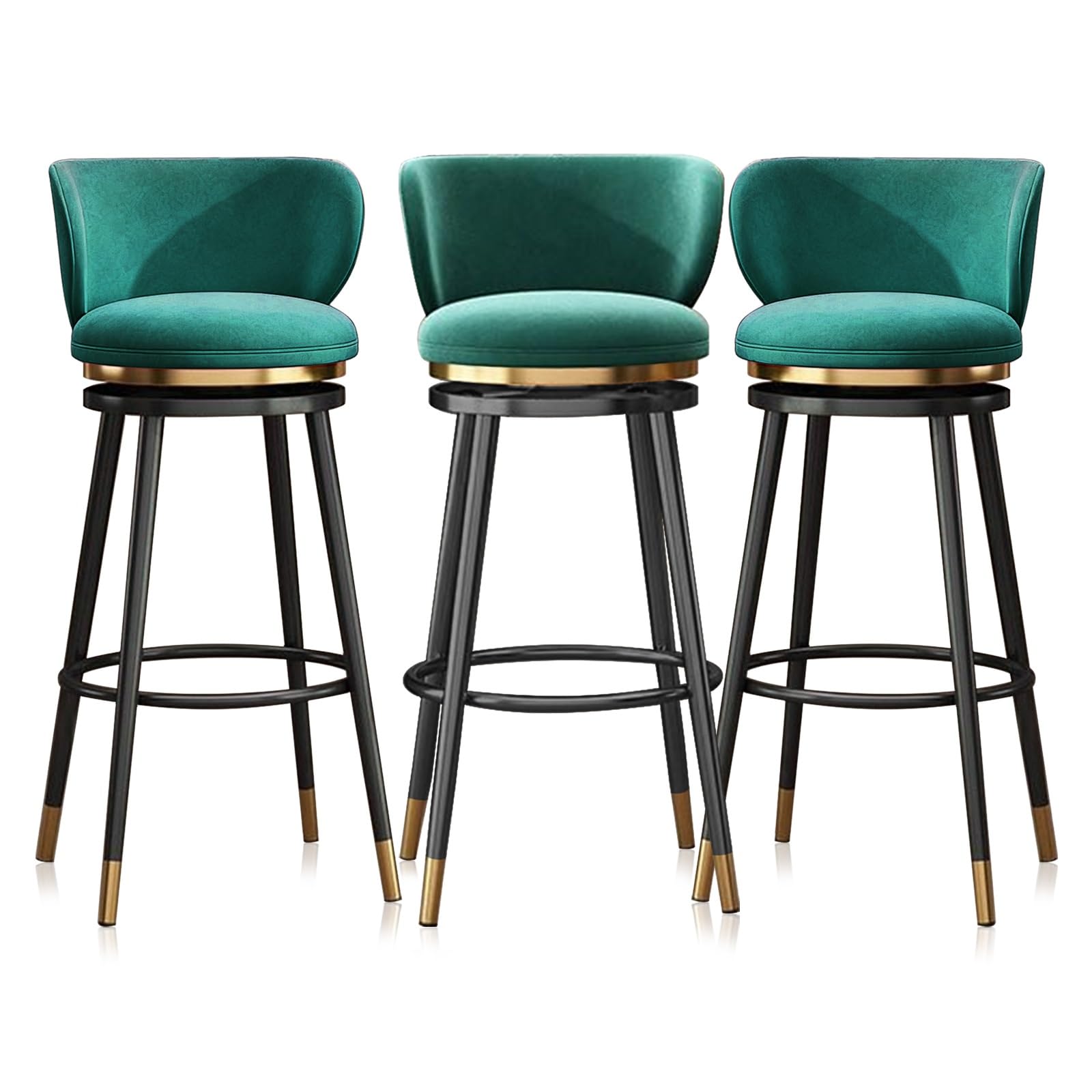 Lot de 3 tabourets de bar pivotants, tabourets de comptoir rembourrés en velours avec pieds en métal, parfaits pour la cuisine et la salle à manger, 75 cm / 29.5in, design vert élégant