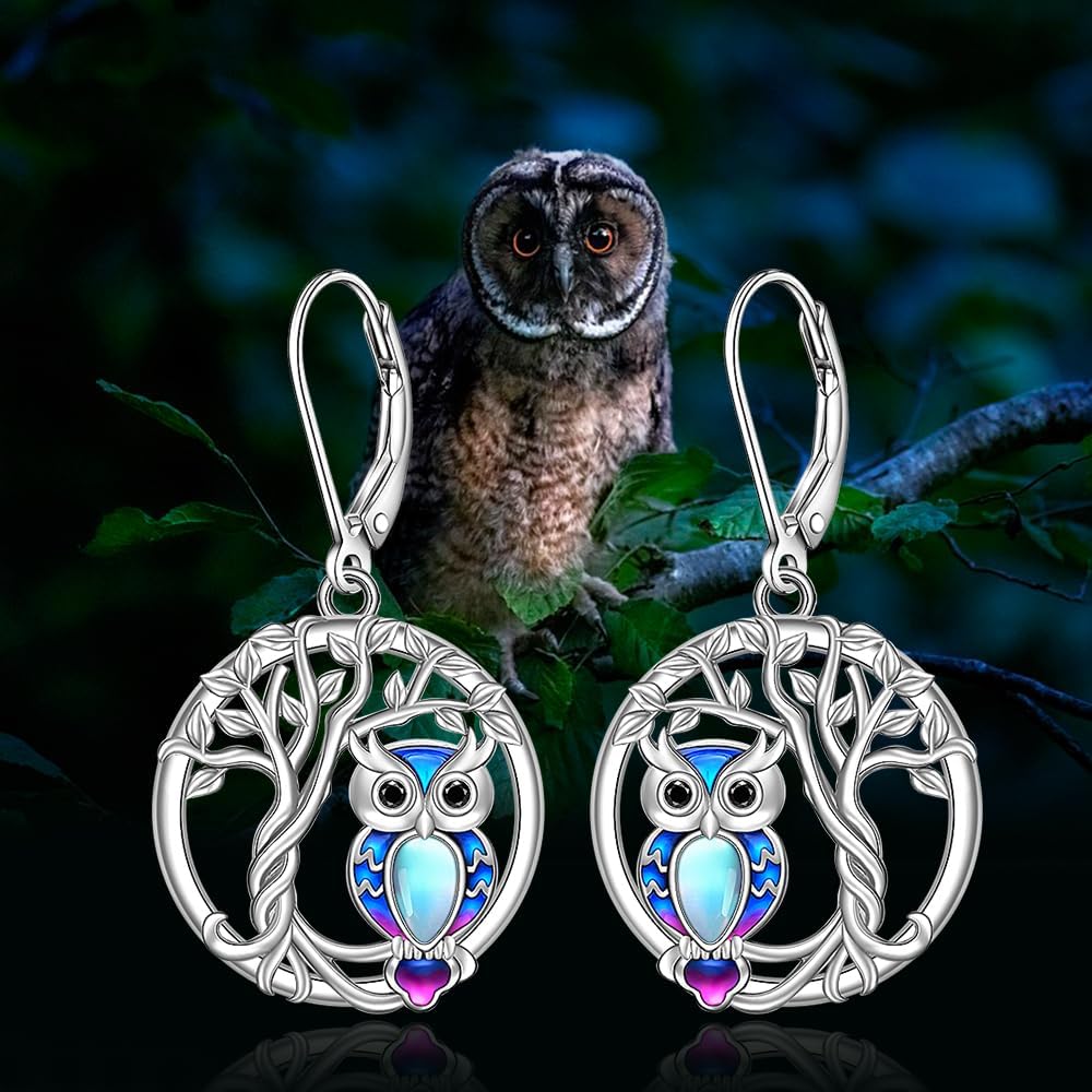 Tree of Life Owl Earrings for Women Sterling Silver Owl Dangle Earrings Moonstone Family Tree Jewelry Leverback Graduation Gifts - Image 9