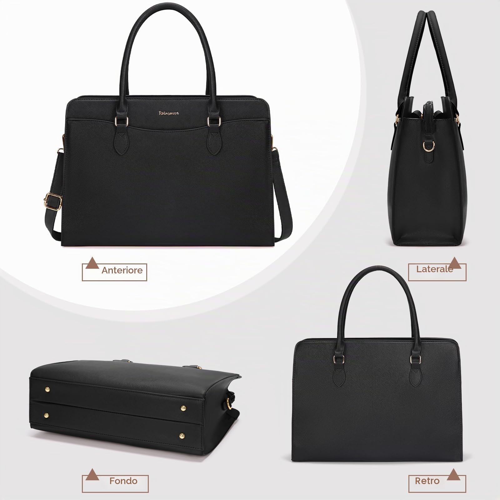 RAINSMORE Borsa Università Donna in Pelle PU Porta PC Impermeabile Nera Tracolla Shopper Business Lavoro