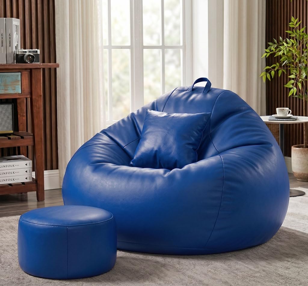 Sattva Classic 4XL Bean Bag Chair with Beans Filled | Sofa Style Faux Leather Beanbags with Footstool & Cushion | Comfortable Bin Bags Sofa for Adults & Teens, Living Room & Office | Royal Blue-picture-16