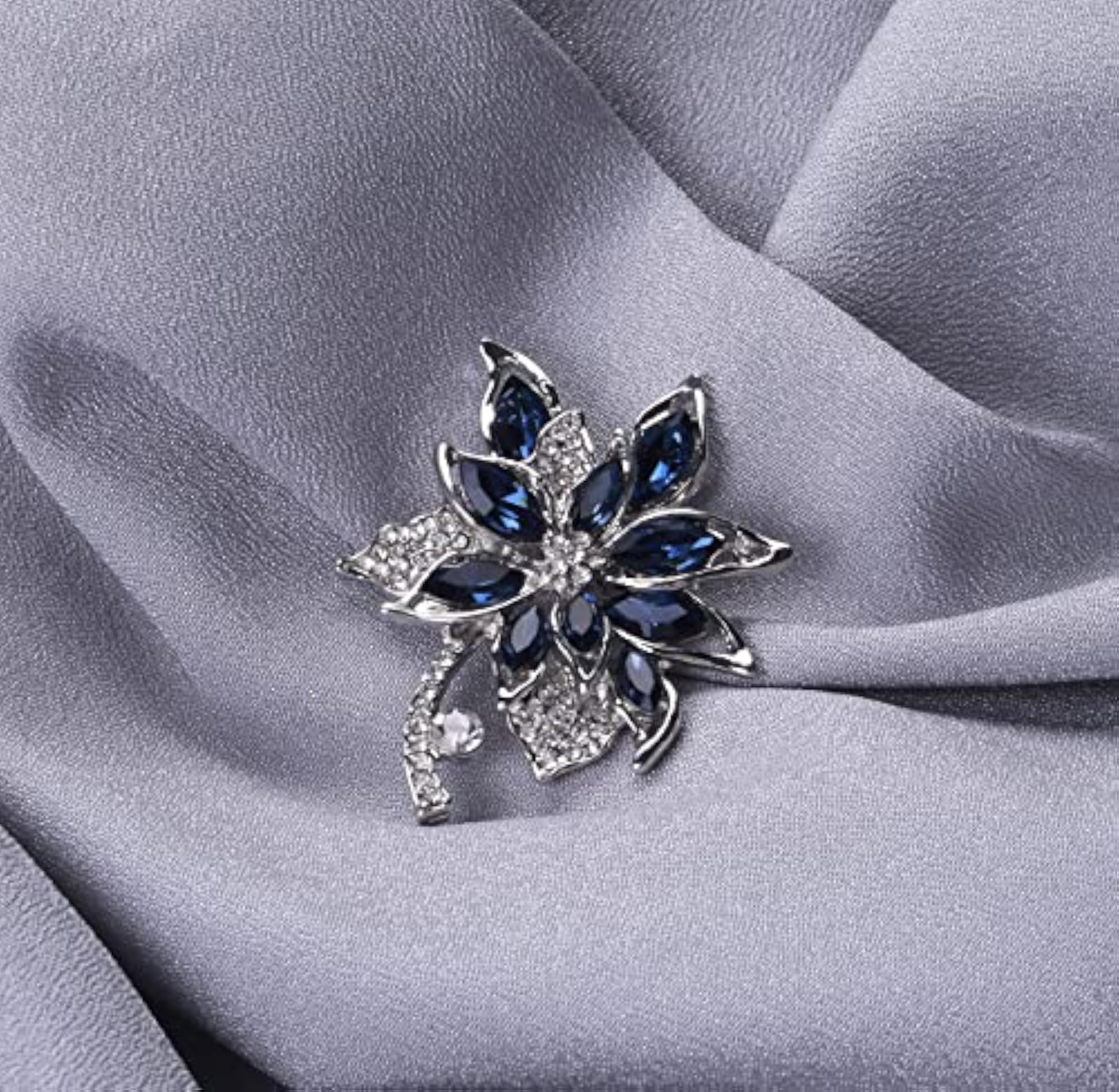 Vintage Style Blue Crystal Flower Brooch Pin, Gift for Women