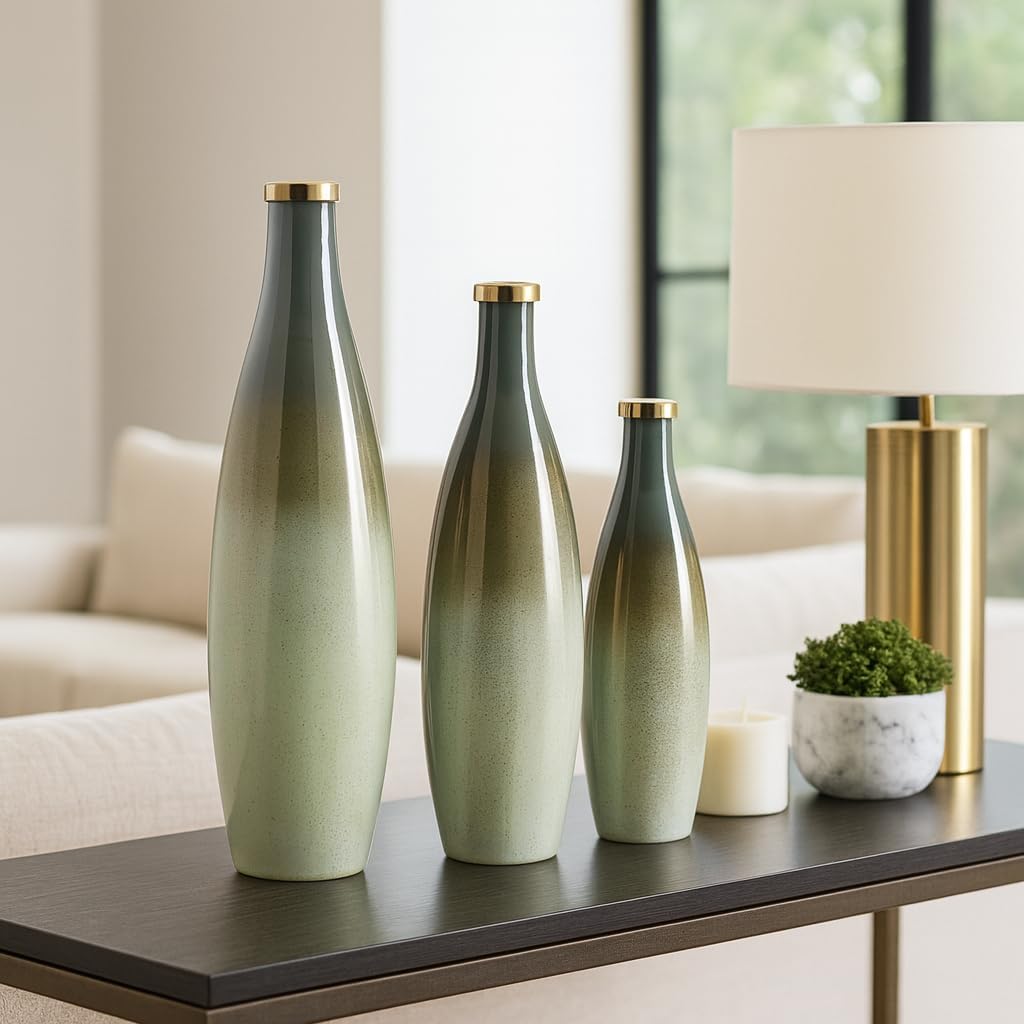 Tall Glass Vase Bottles for Home and Living Room Decor - Decorative House Accent for Dining Room, Bedroom, or Office - Contemporary Flower Vase for Table Decor - Set of 3, 21", 18", 16", Green