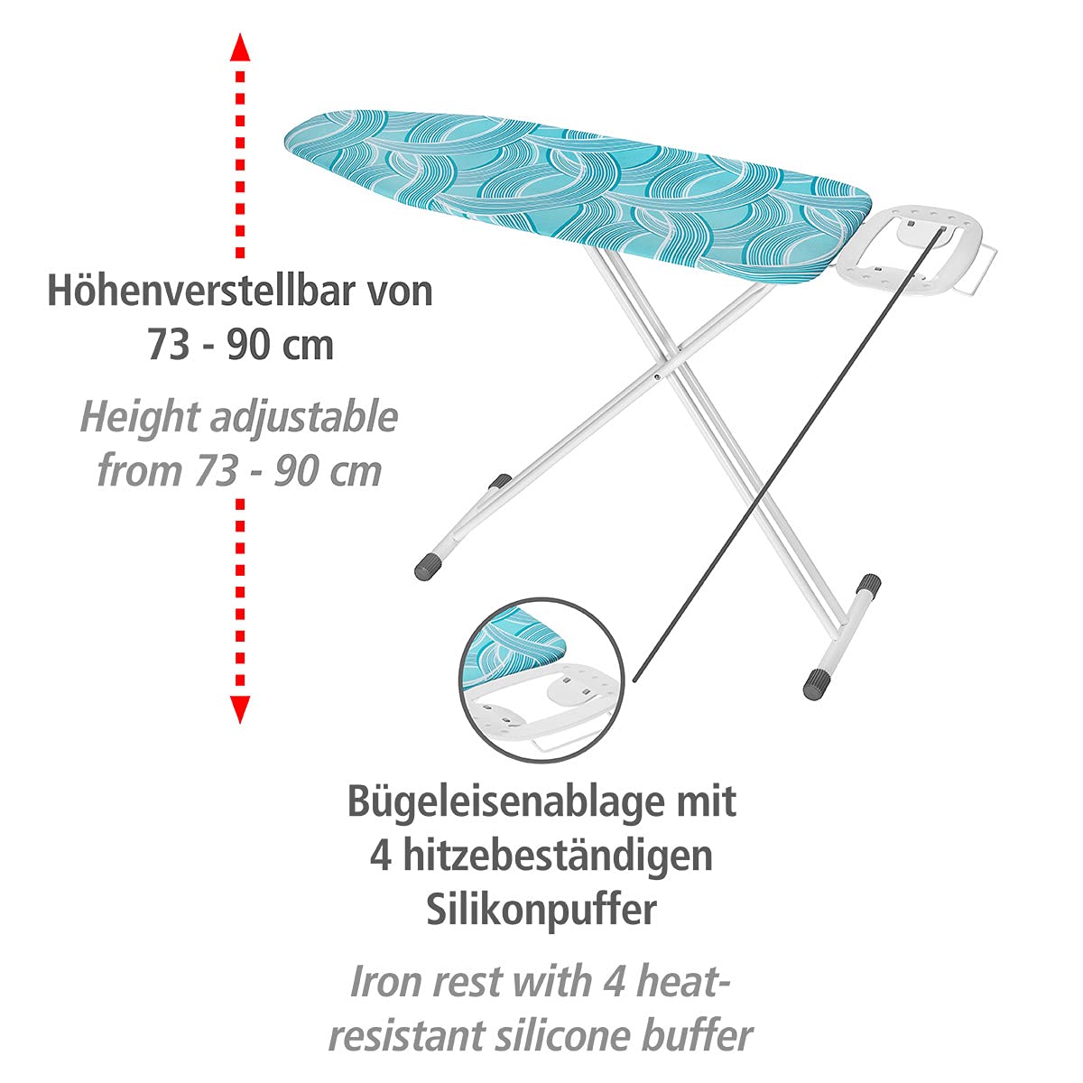 WENKO Bügeltisch Advance, Bügelbrett, dampfbügelgeeignet, höhenverstellbar 73-90 cm, besonders standfest, Rundrohr weiß Ø 22/35 mm, pulverbeschichtetes Metall, Bügelfläche 120 x 42 cm, 8 mm Polsterung