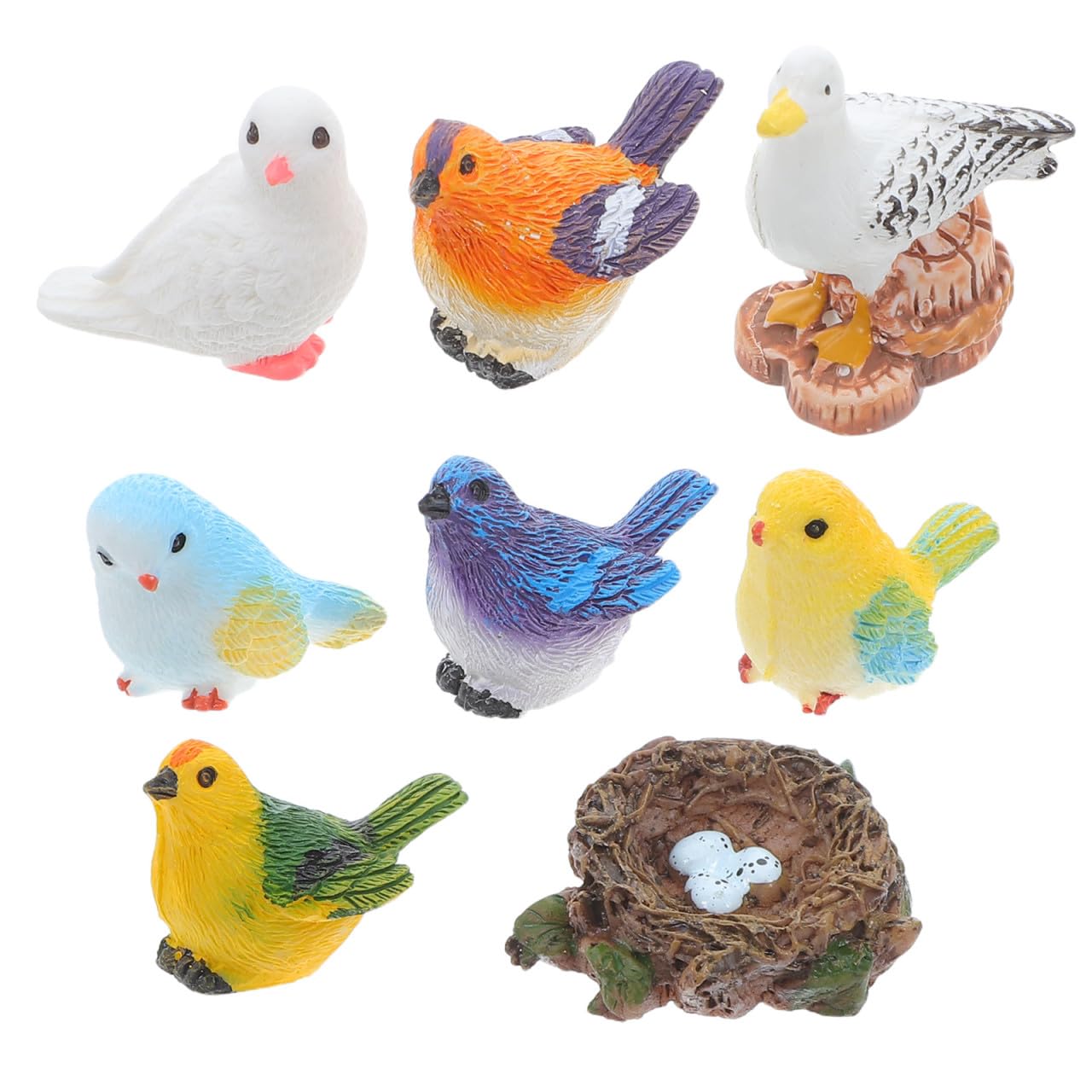 HEANUJJ 8pcs Resin Mini Bird Figurines Dollhouse Mini Bird Nest Sculpture Lightweight Lifelike Details Home Office Decor for Garden