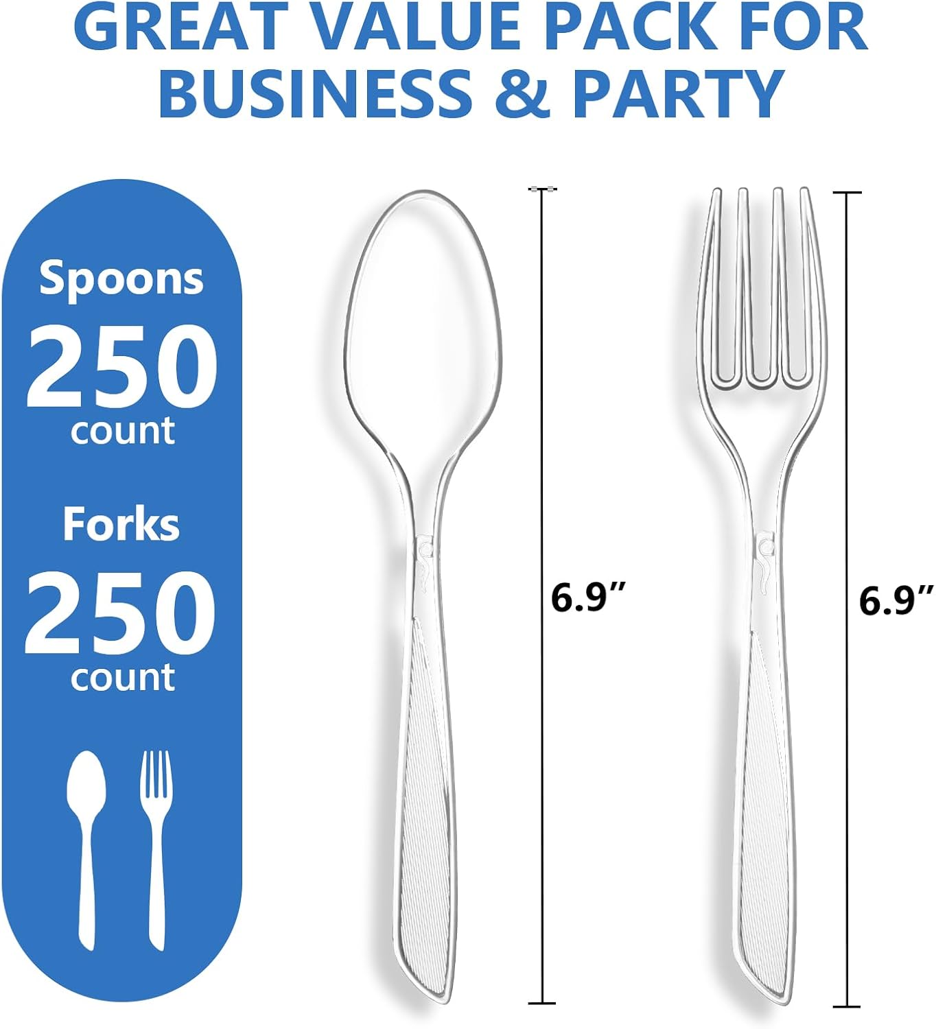 SACATR 500 Count Plastic Silverware Heavy Duty -250 Forks, 250 Spoons，BPA-Free,Heat Resistant Disposable Plastic Spoons Bulk, Solid Durable Premium Cutlery for Parties, Events and Everyday Use