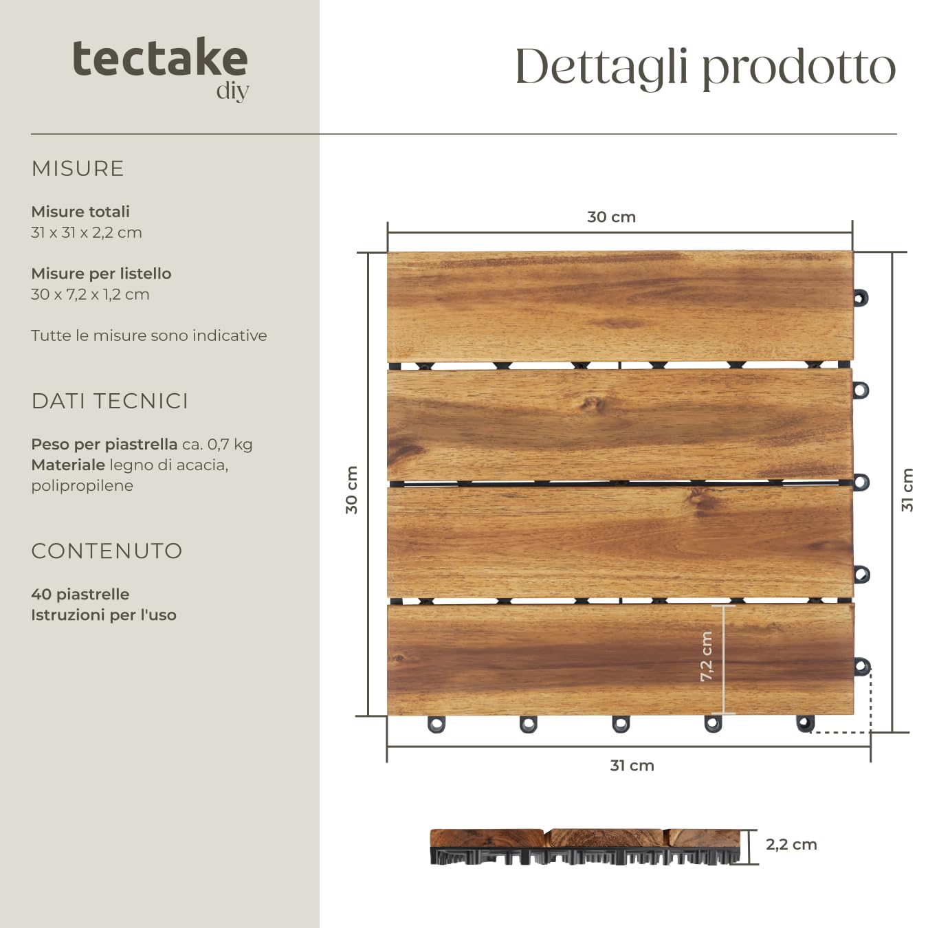 tectake® Set di 40 Piastrelle in Legno di Acacia per Esterno, 31x31 cm, area confezione 3,844 m², 4 Doghe Ciascuna, Sistema a Clic, Pavimento per Terrazza e Balcone, Piastrelle per Giardino