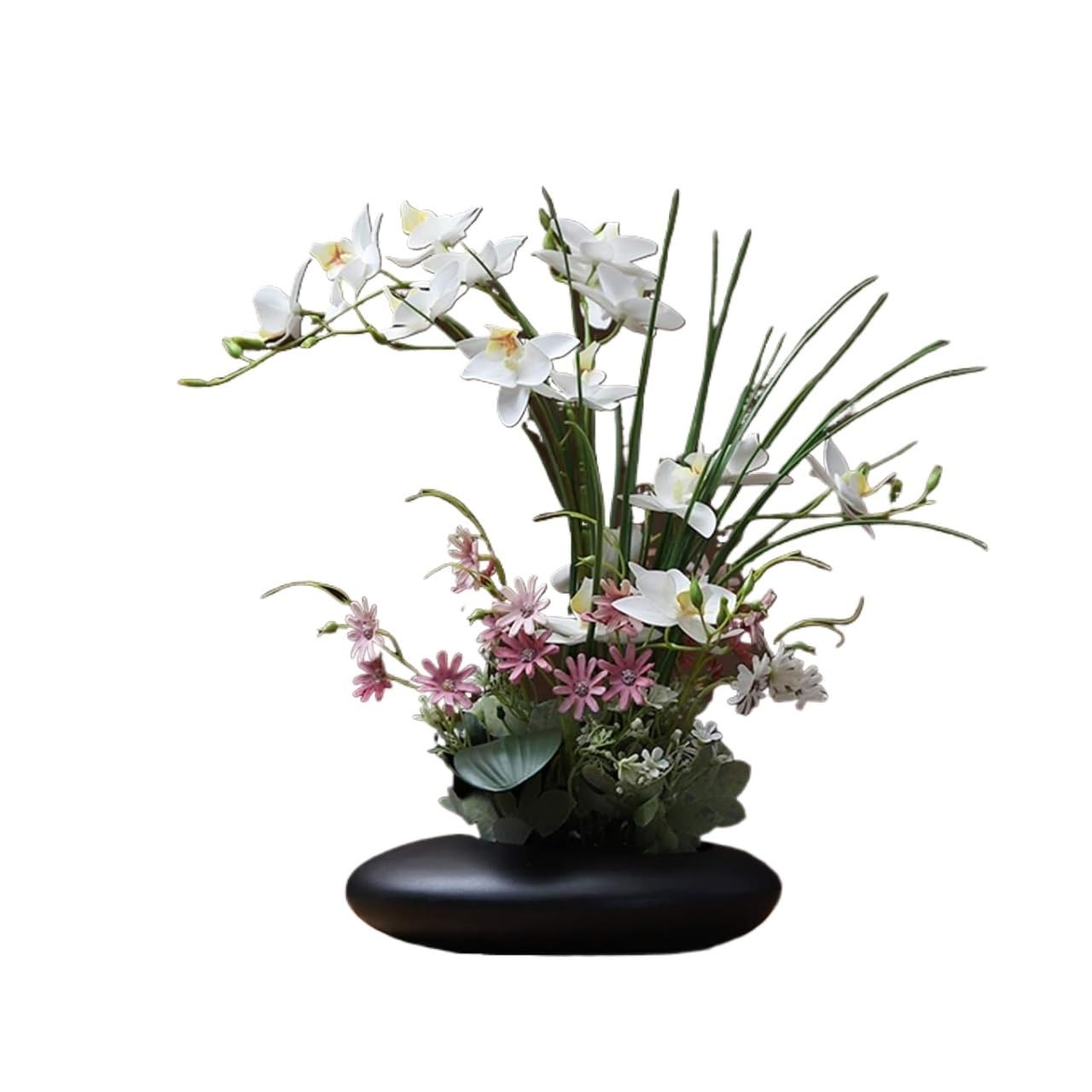 Sztuczne kwiaty phalaenopsis, sztuczne orchidee, bonsai – elegancka orchidea gołębi z liśćmi w doniczce, kompozycja kwiatowa Phalaenopsis w doniczce ceramicznej