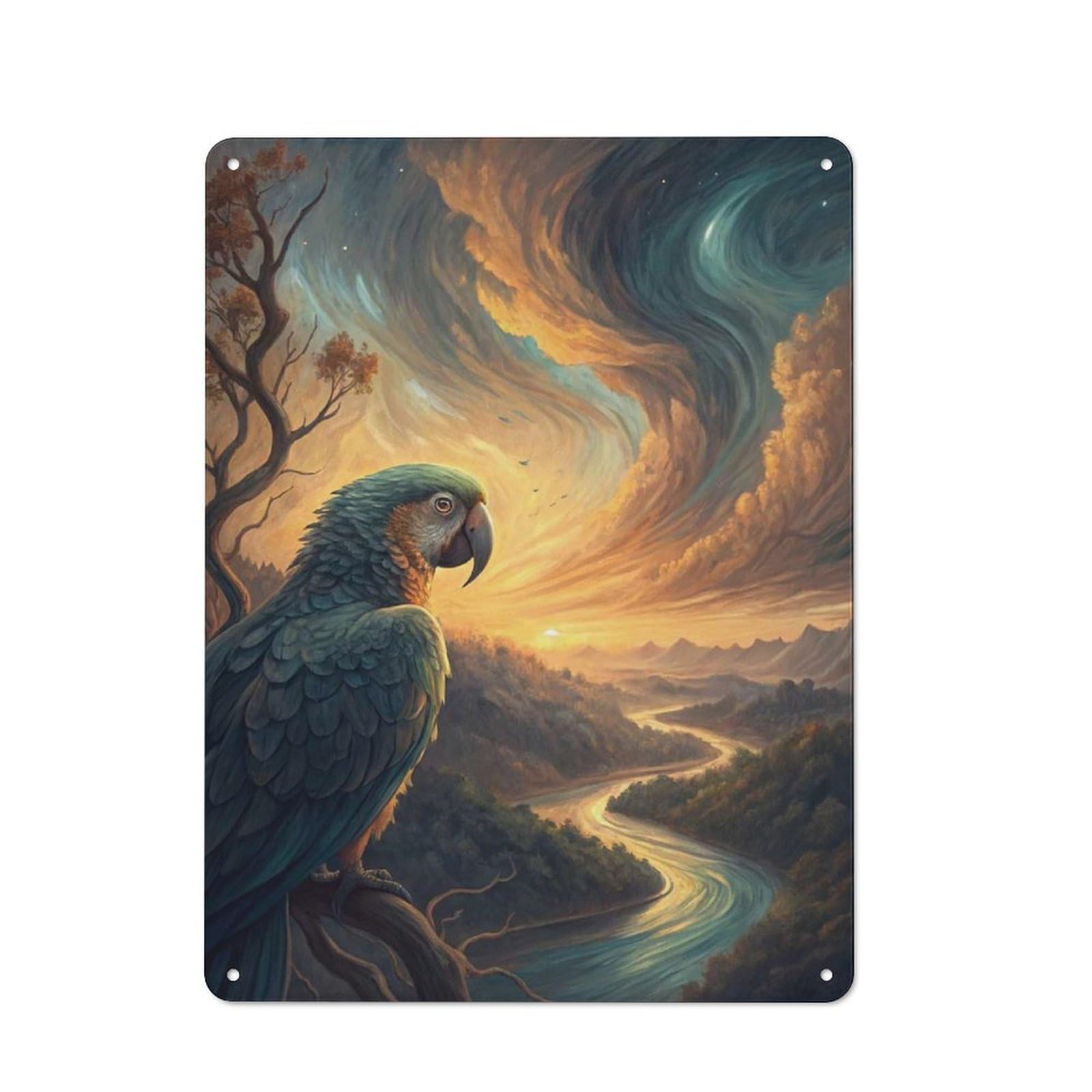 Metal Gift Sign with Parrot Overlooking A River Valley at Sunset Design 40x30cm, Character Room Wall Plaque for Flat, Dorm Room, Lounge Or Cafe