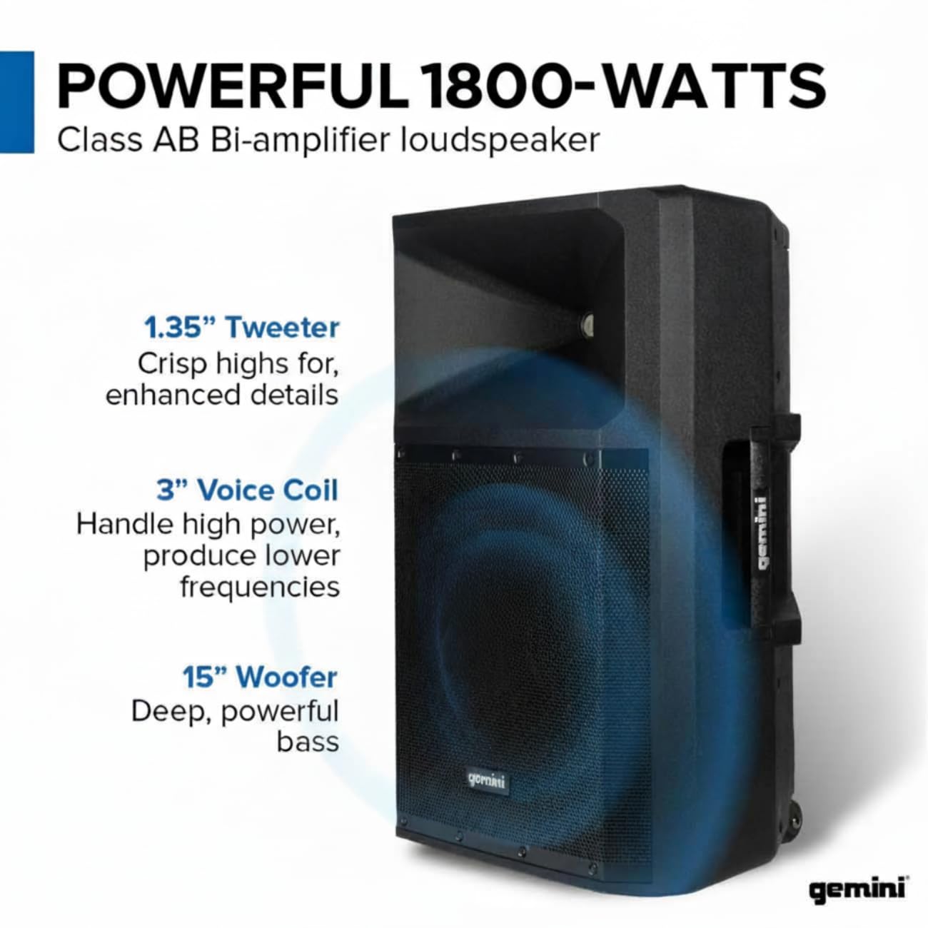 Gemini Sound Bluetooth PA-Lautsprecher, 38,1 cm (15 Zoll), 2200 W, LED-Lichter, TWS, USB, SD, FM, 3 Eingänge, Ständer und Mikrofon, tragbares Party-System für Strandpartys, Hochzeiten, Clubs und