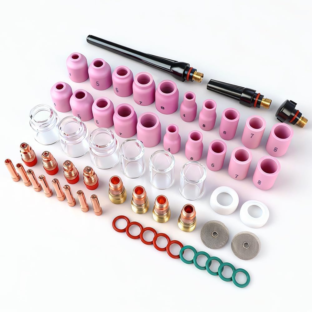 Photo 1 of 59pcs TIG Welding Accessories Kit – Alumina Ceramic Nozzle, Glass Cups #10/#12, Stubby Gas Lens, Collet Body for WP-17/18/26 Torch Kit, Tig Cups & Tig Welding Accessories