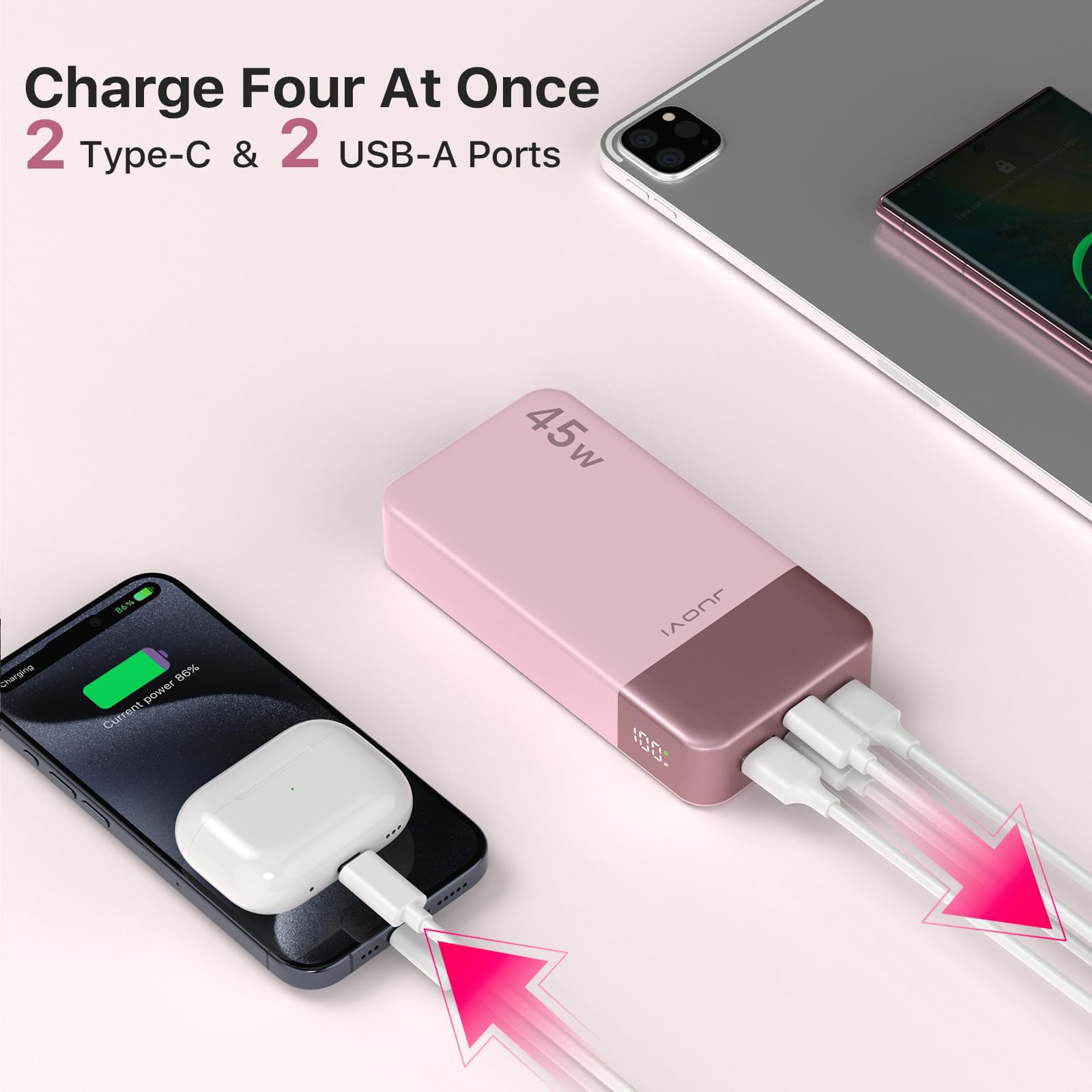 JUOVI Power Bank Ricarica portatile 20000mAh 45W, ricarica super rapida con display a LED caricatore portatile del telefono, banca di alimentazione USB C per MacBook, per iPhone 15 (Rosa)