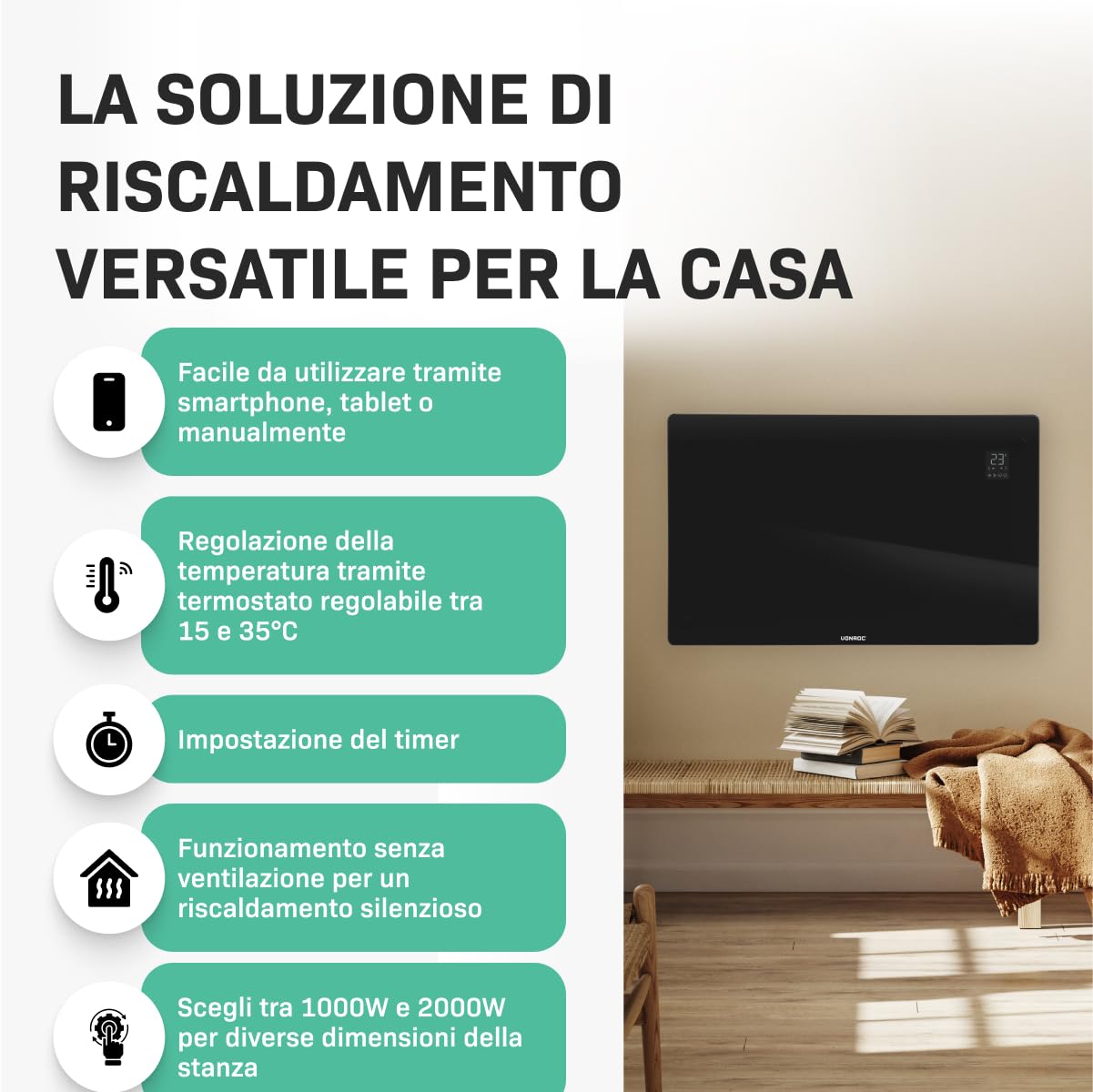 VONROC Riscaldatore elettrico di lusso | Termoconvettore smart a pannello in vetro - 2000W - | Controllo manuale e Wifi Nero
