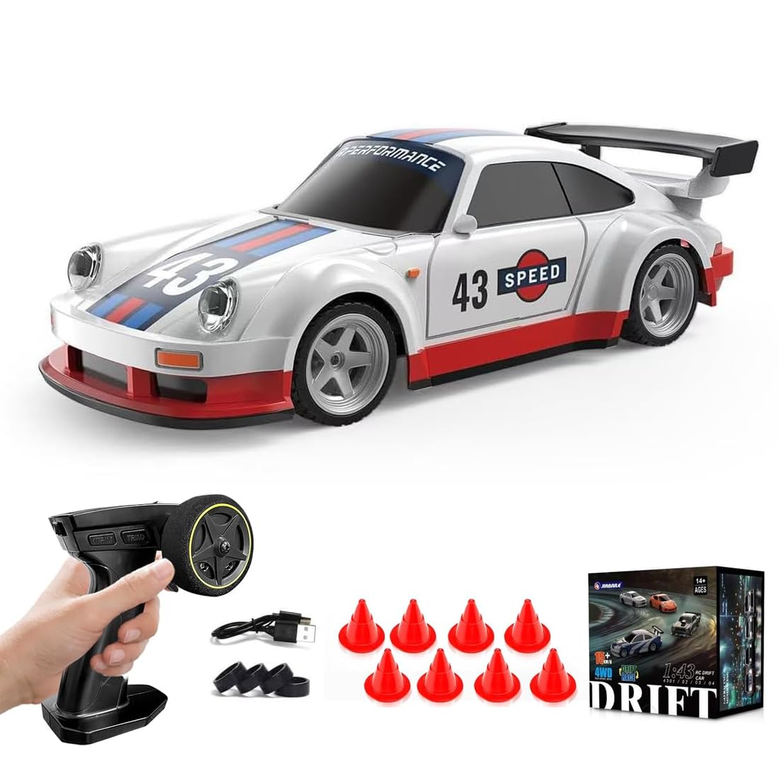1/43 Scale Mini Drift Cars, Electric Full Proportional 2.4G Remote Control Racing Drift Car Model with Lights Kit, 15KM/H High Speed Vehicle Gift for Adults