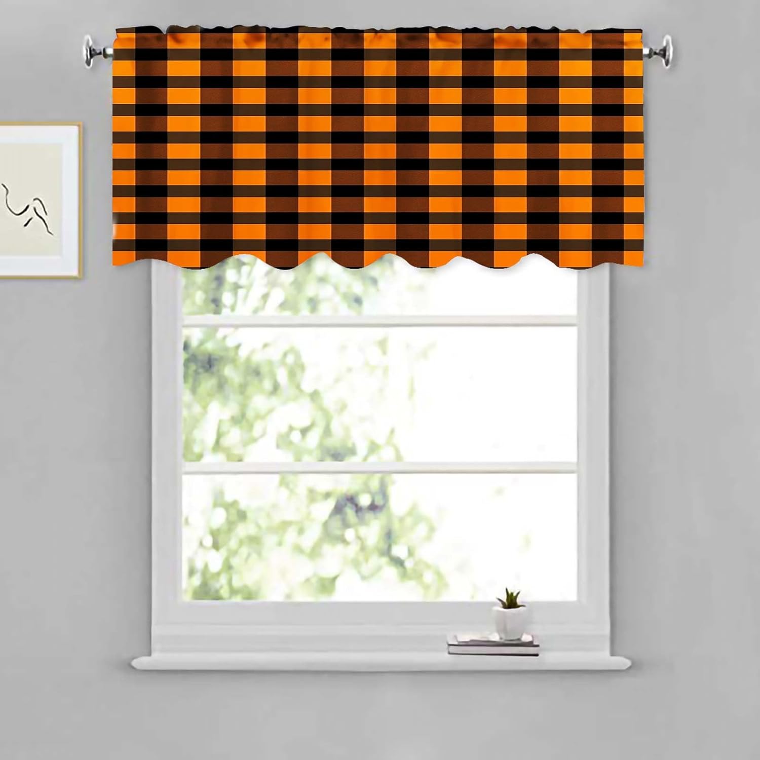 TOMWISH 2 Pack Buffalo Check Plaid Window Valances Orange Plaid Farmhouse Design Window Treatment Decor Curtains Rod Pocket Valances for Kitchen/Living Room 52" X 18"