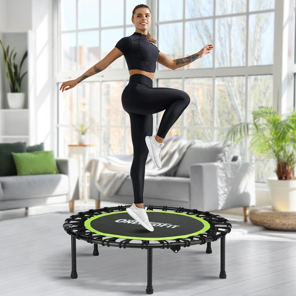 ONETWOFIT Foldable Rebounder Trampoline for Adults, 40/42/ 45" Mini Fitness Trampoline W/Adjustable Foam Handle Bungees, Quiet Exercise Trampoline for Personal Indoor Workout