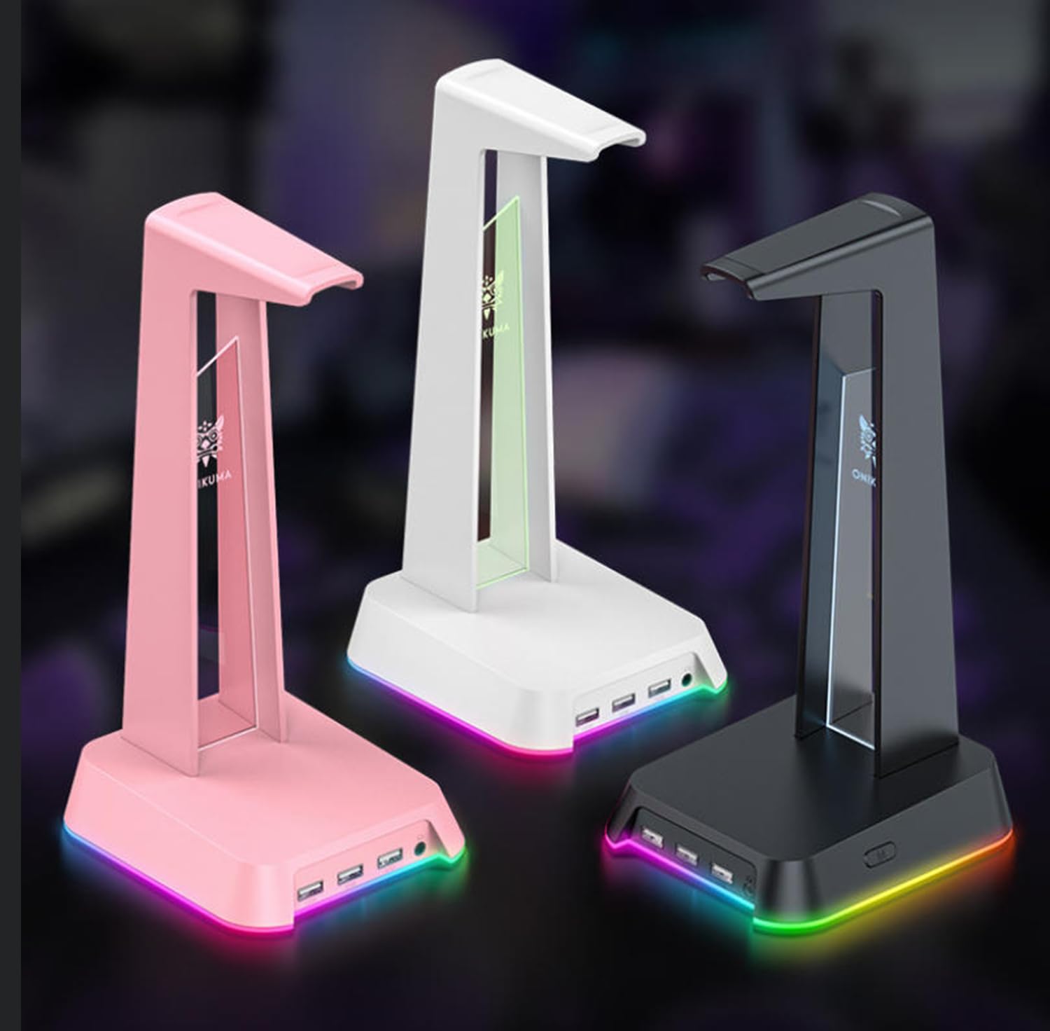 Soporte para Auriculares Gaming RGB, Base Escritorio Logo Luminoso con 3 Puertos USB, Estante exhibidor para audífonos de Ordenador,Rosado