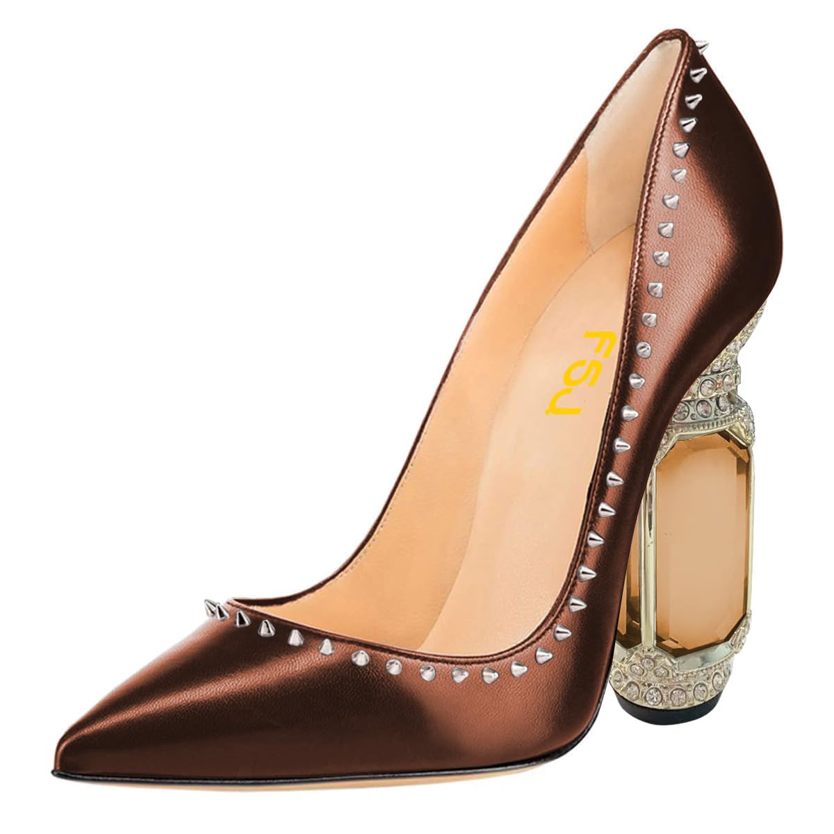 FSJ Women Bridal Pointed Toe Chunky Block High Heel Crystal Pumps Slip on Wedding Thick Comfort Evening Dress Studded Rivets Shoes