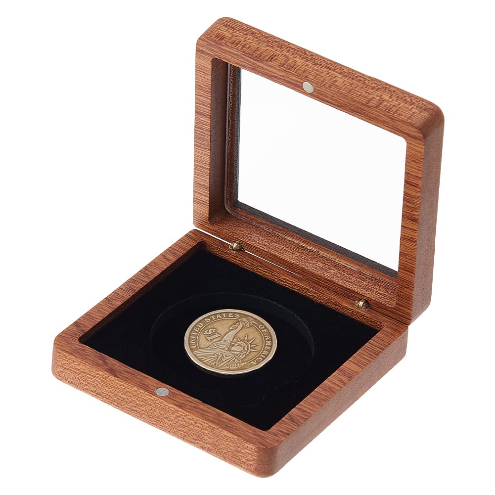 SUPERFINDINGS Single Coin Storage Case Wood Challenge Coin Dispaly Case Coins Presentation Box with Black Velvet 5cm Slot Coins Holder with Clear Top Window for Collection