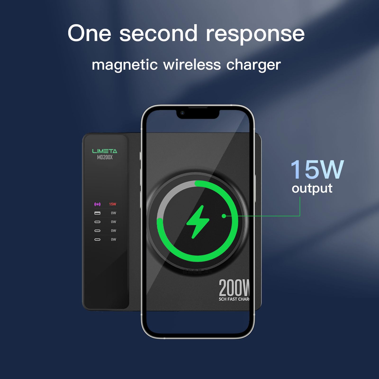 LIMETA 200W USB C Port Charger,5 Ports de Charge sans Fil avec Charge magnétique,Chargeur Mural (Max 140W),4 Ports USB C + 1 Port de Charge sans Fil,Compatible avec Les Ordinateurs Portables