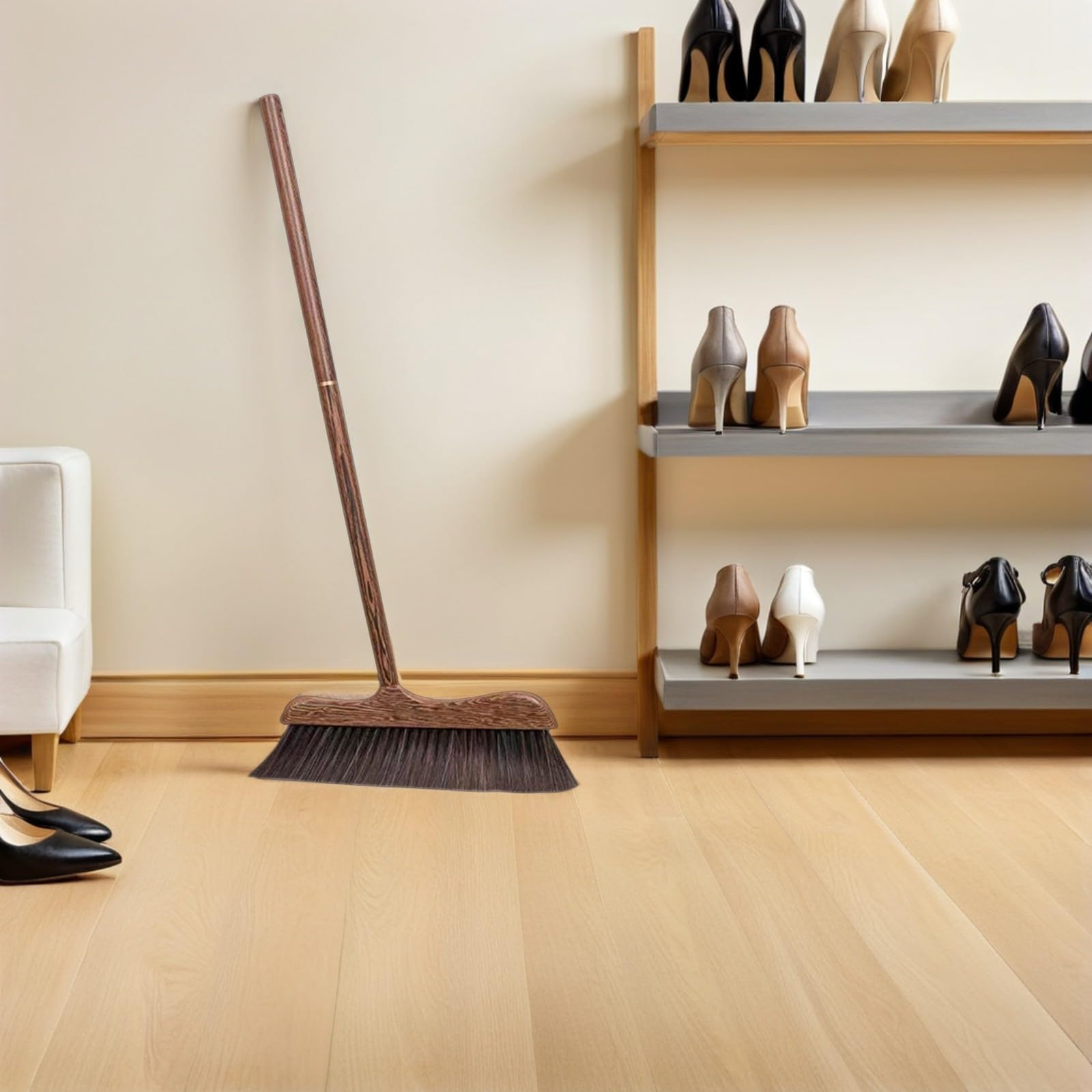 ARTIBETTER Escoba de Madera Mango Largo y Cerdas Suaves para Limpieza de Terrazas y Suelos Interiores, Escoba Multifuncional para Exteriores E Interiores