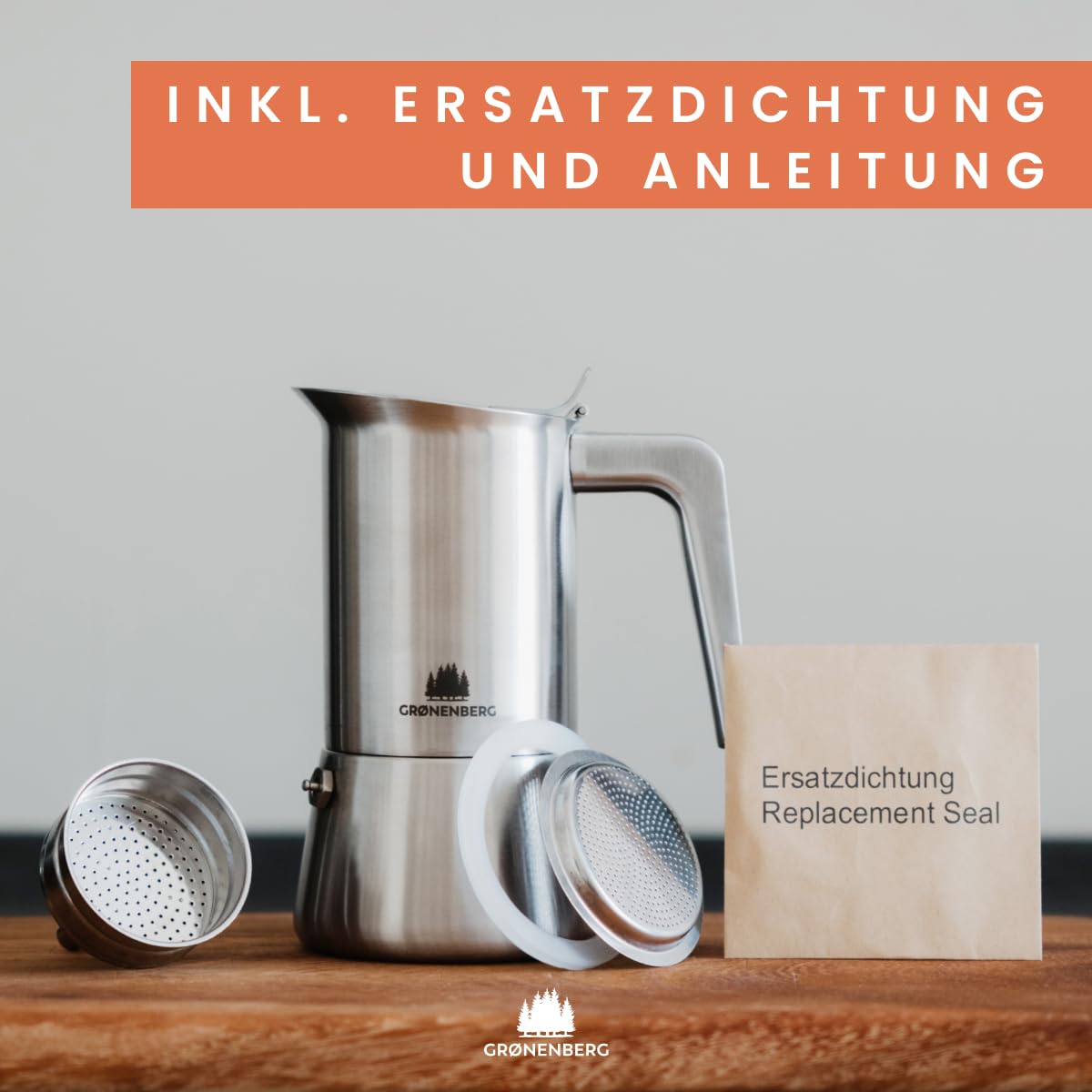 Groenenberg Espressokocher Induktion 4 o. 6 Tassen Espresso I Mokkakanne aus hochwertigem Edelstahl I Espressokanne mit Ersatzdichtung & Reduziersieb