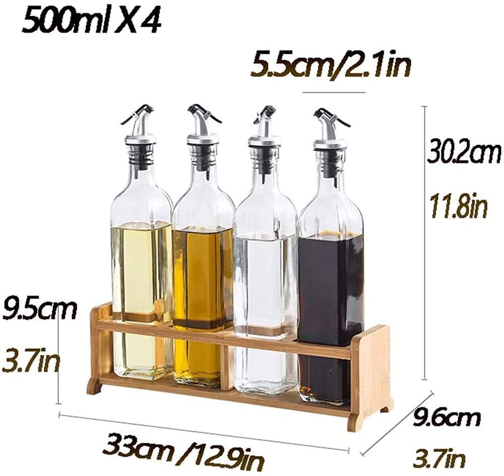 Juego de dispensador de aceite y vinagre de vidrio de alta calidad con soporte de madera, botellas de 500 ml a prueba de fugas para salsas, aderezos y adobos, perfecto para almacenamiento de salsa de