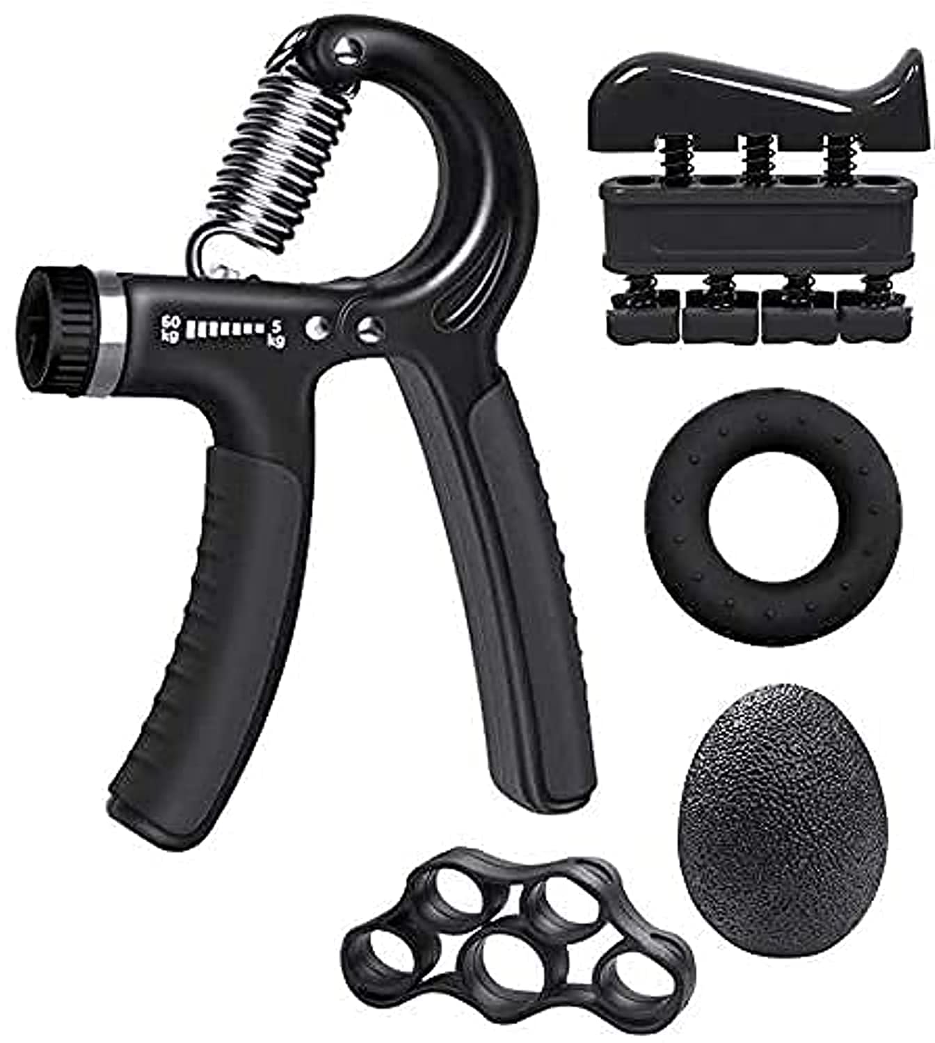 AUELEK Hand Grip Strengthener Set,5 PCS Strength Training Equipment Forearm Finger Exerciser, Finger Stretcher, Adjustable Hand Gripper, Exercise Ring & Grip Ball for Athlete, Musicians-image-4