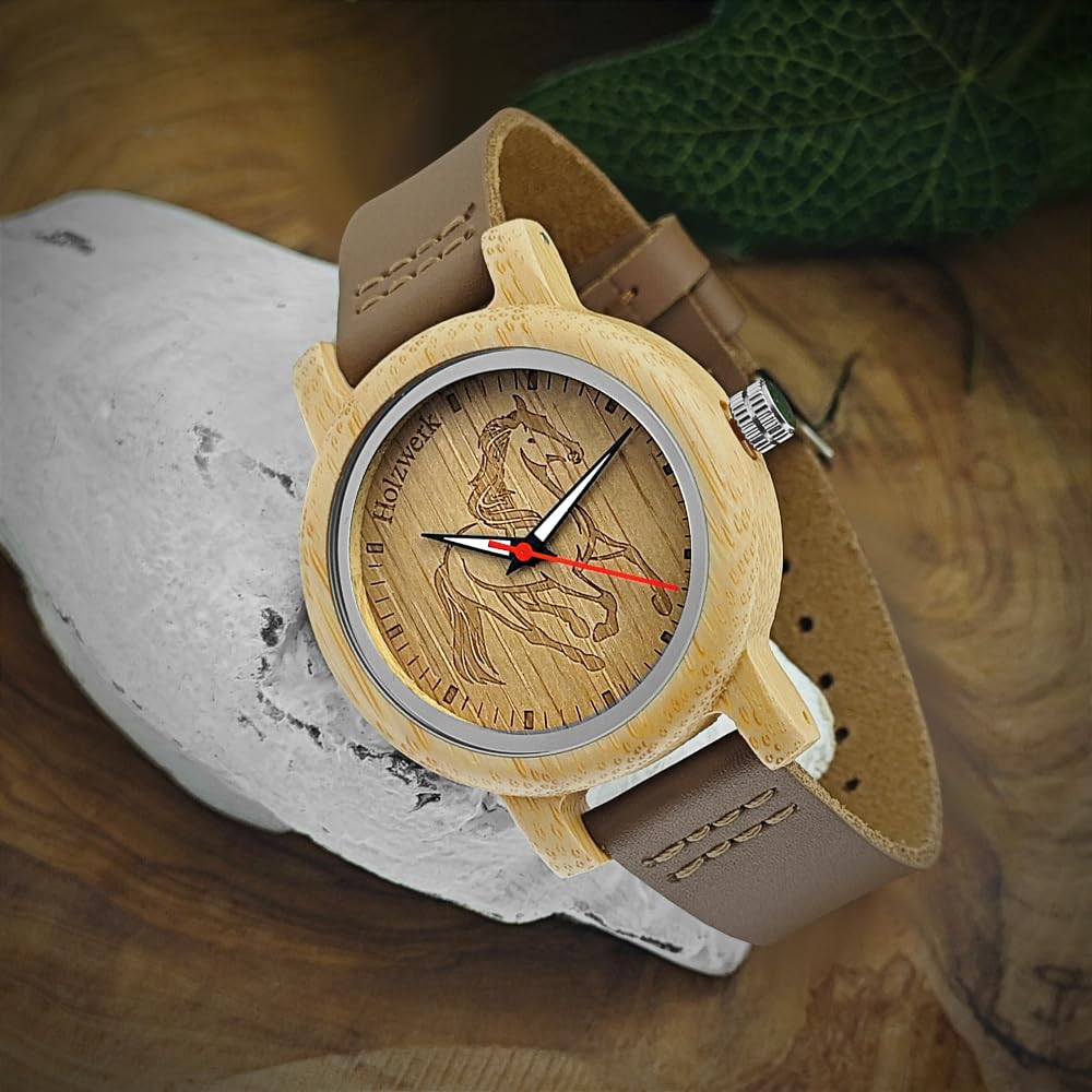 Holzwerk Germany Mädchen-Uhr Jungen-Uhr Kinderuhr Öko Natur Holz-Uhr Leder Armband-Uhr Analog Klassisch Quarz-Uhr Kinder Uhr mit Pferde Pony Motiv in Rot Schwarz Blau Türkis Braun