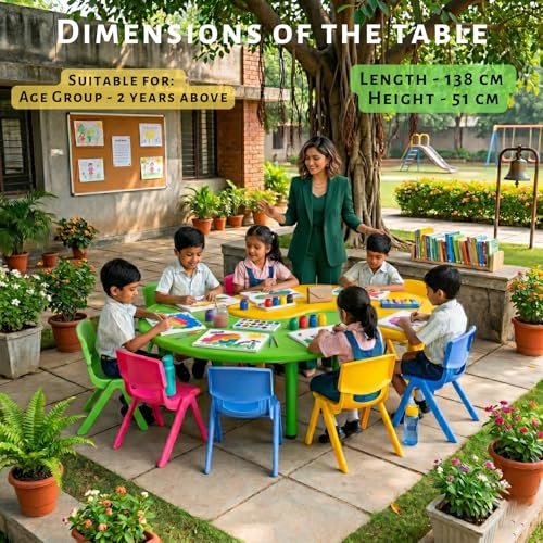Image of eHomeKart Kids Half-Moon Table Set of 2 with 10 Chairs - Front Round Shape, Perfect for Home Use (53 x 20 x 20 inches) for Kids with Set of 10 Chairs- Perfect Fort Home