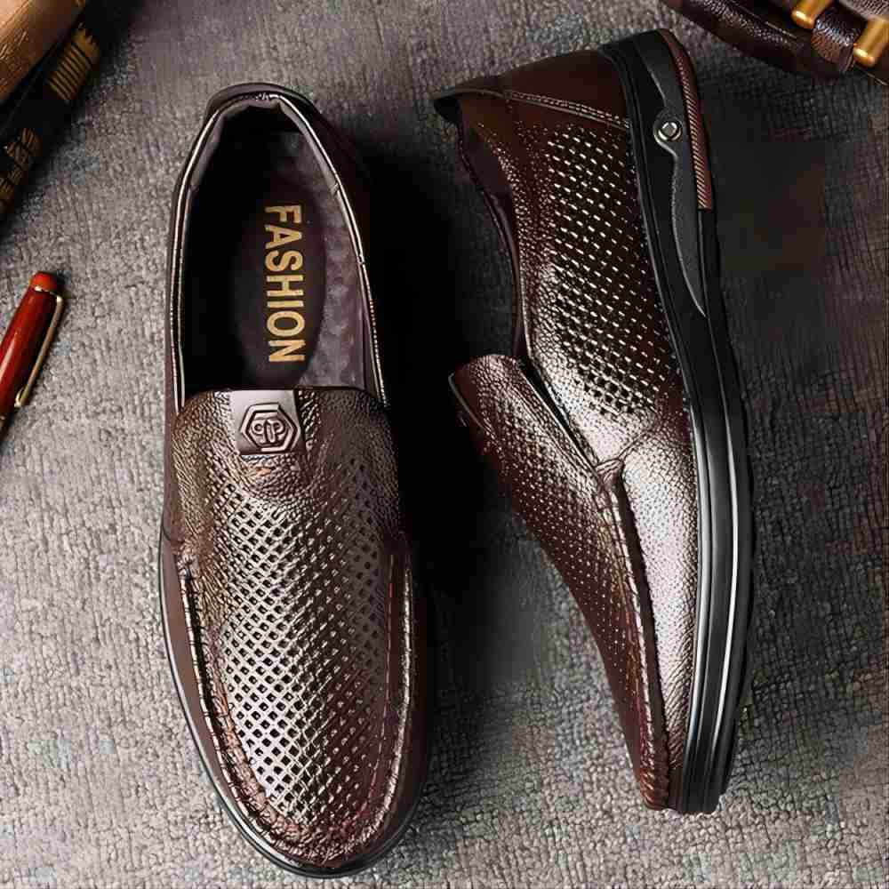 Hombres Mocasines Transpirables Casual Cuero Ligero Genuino Verano Slip-On Hueco De Negocios Al Aire Libre Zapatos