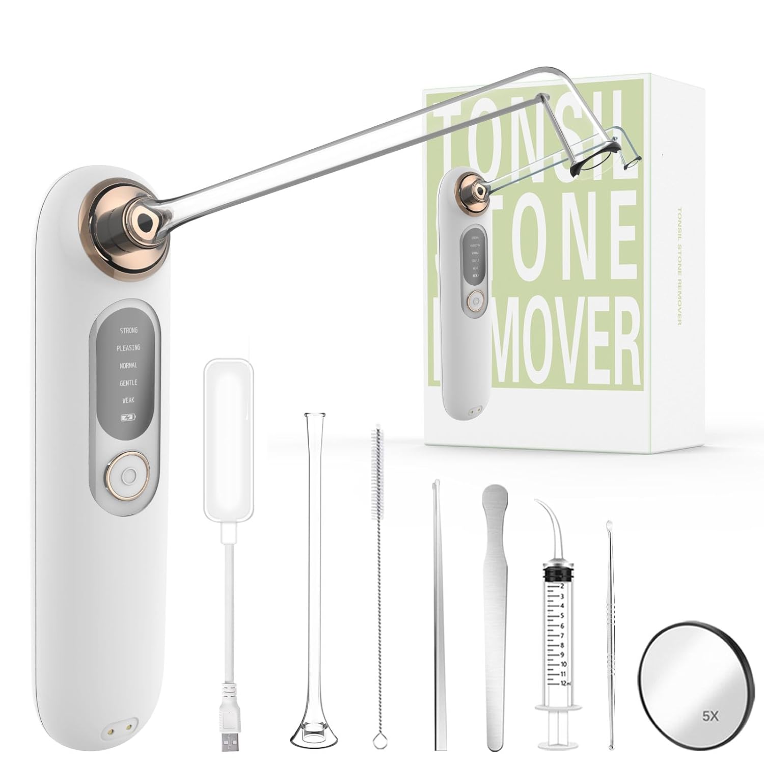 Voraiya Tonsil Stone Remover, Electronic Vacuum 10 in 1 Tonsil Stone Removal Kit, 5 Modes Cleaner, Oral lamp & 5X Magnifying Mirror Included, Tonsil Cleaner, Fight Bad Breath, Oral Care (White) Middle