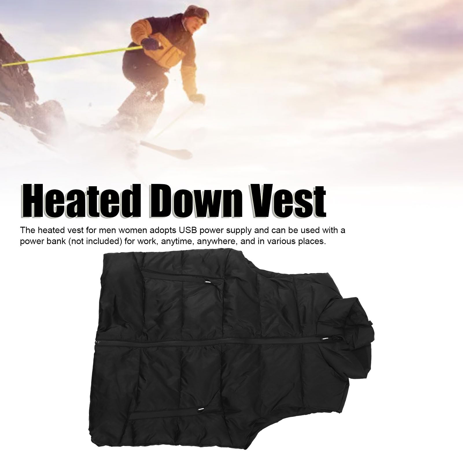 Chaleco calefactado para hombre, chaleco térmico eléctrico USB suave, cable de calefacción de fibra de carbono, negro, control de temperatura inteligente de 3 temperaturas para esquí y pesca (L)