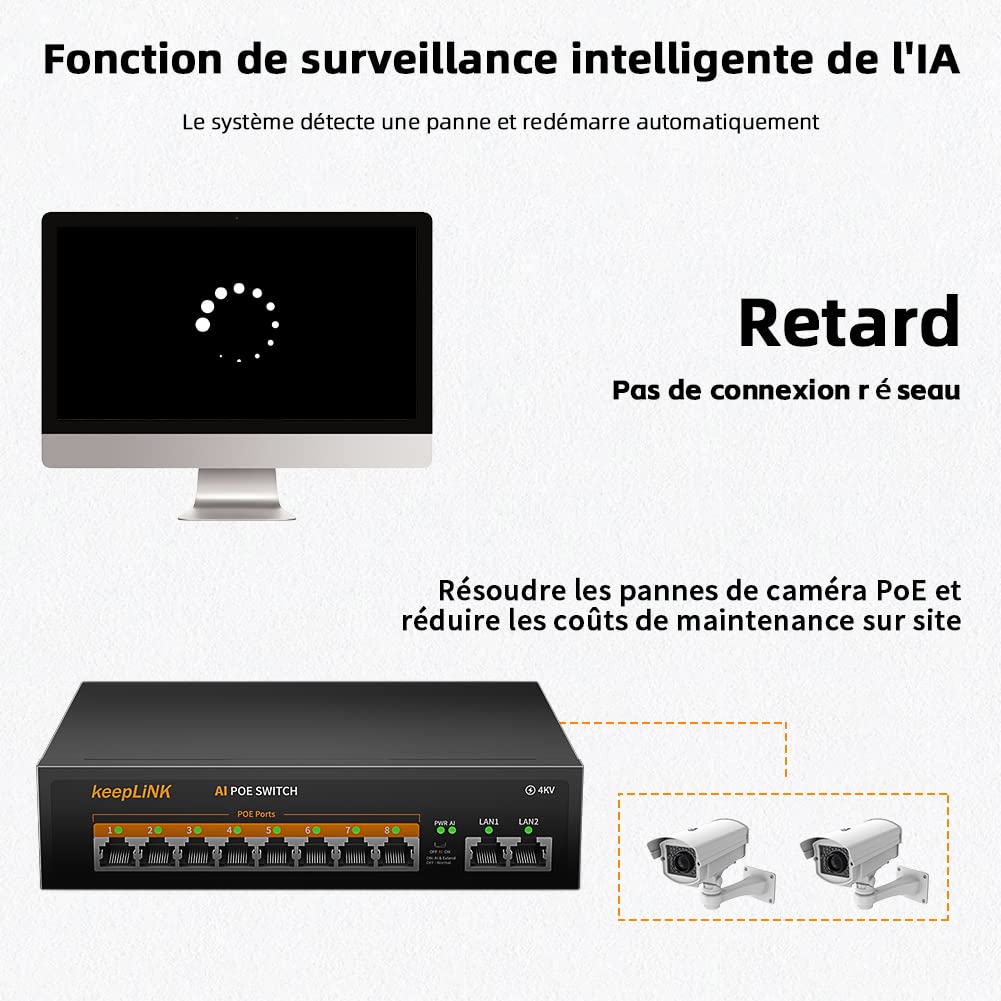 10 Port Gigabit PoE Switch, 8 Ports 1000Mbps PoE+, 2 Ports 1000Mbps Uplink, Puissance intégrée de 120 W IEEE802.3af/at, Plug and Play Non géré en métal sans Ventilateur