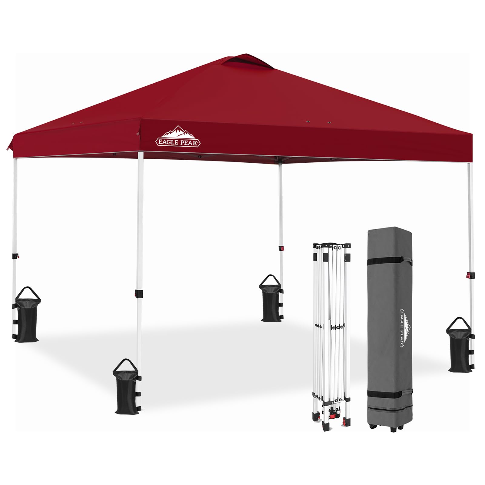 EAGLE PEAK Pop Up Canopy Tent with Wheeled Carry Bag, 8 Stakes, 4 Ropes, 4 Weight Bags, Easy Set Up Tent Canopy, 10x10 ft, 100sqft of Shade, Burgundy