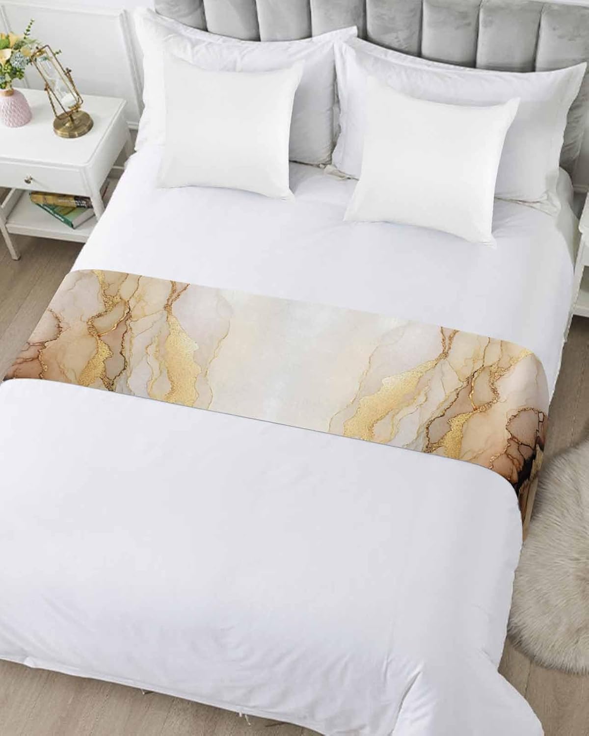 Abstract Marble Ombre Texture Bed Runners for Bedroom Hotel,Decorative Bedding Scarf Watercolor Khaki Gradient Art Bed End Blanket Bedding Runner Scarves for King Size Bed,102x20in