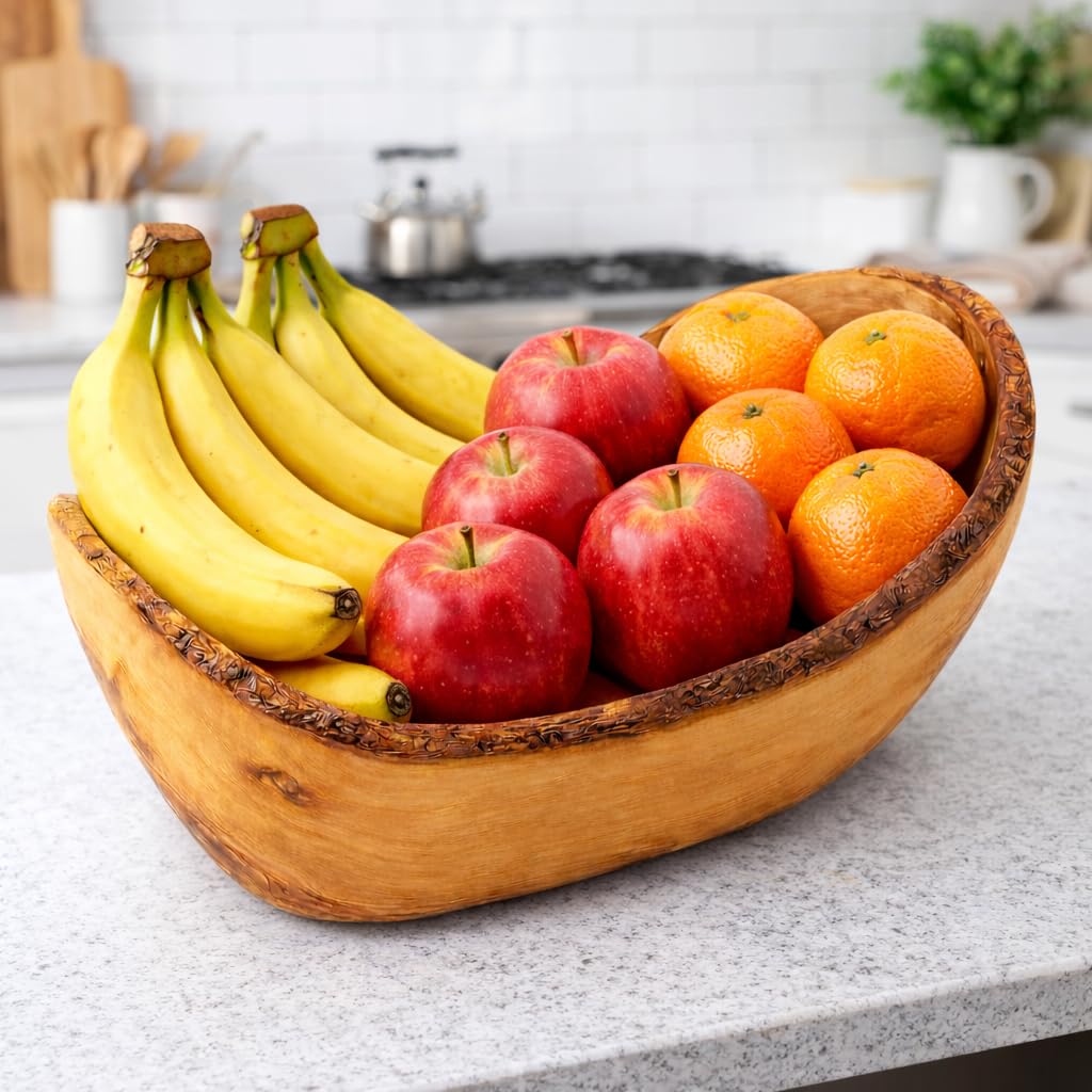 Cestino per frutta rustico, in legno di ulivo naturale, taglio unico per frutta, cesto artigianale per cucina, tavolo, frutta, verdura, panini da pasticceria, 30 cm
