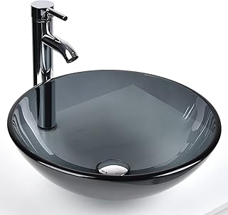 Bathroom Vessel Sink, Tempered Glass Vanity Round Bowl with Chrome Fauce...