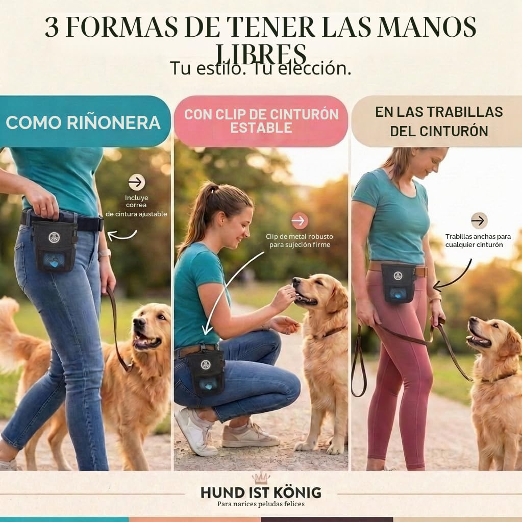 HUND IST KÖNIG® Bolsa de golosinas para Entrenamiento de Perros, Robusta, compacta y Funcional, Bolsa de alimentación para Entrenamiento de Perros, con dispensador de Bolsas de excrementos