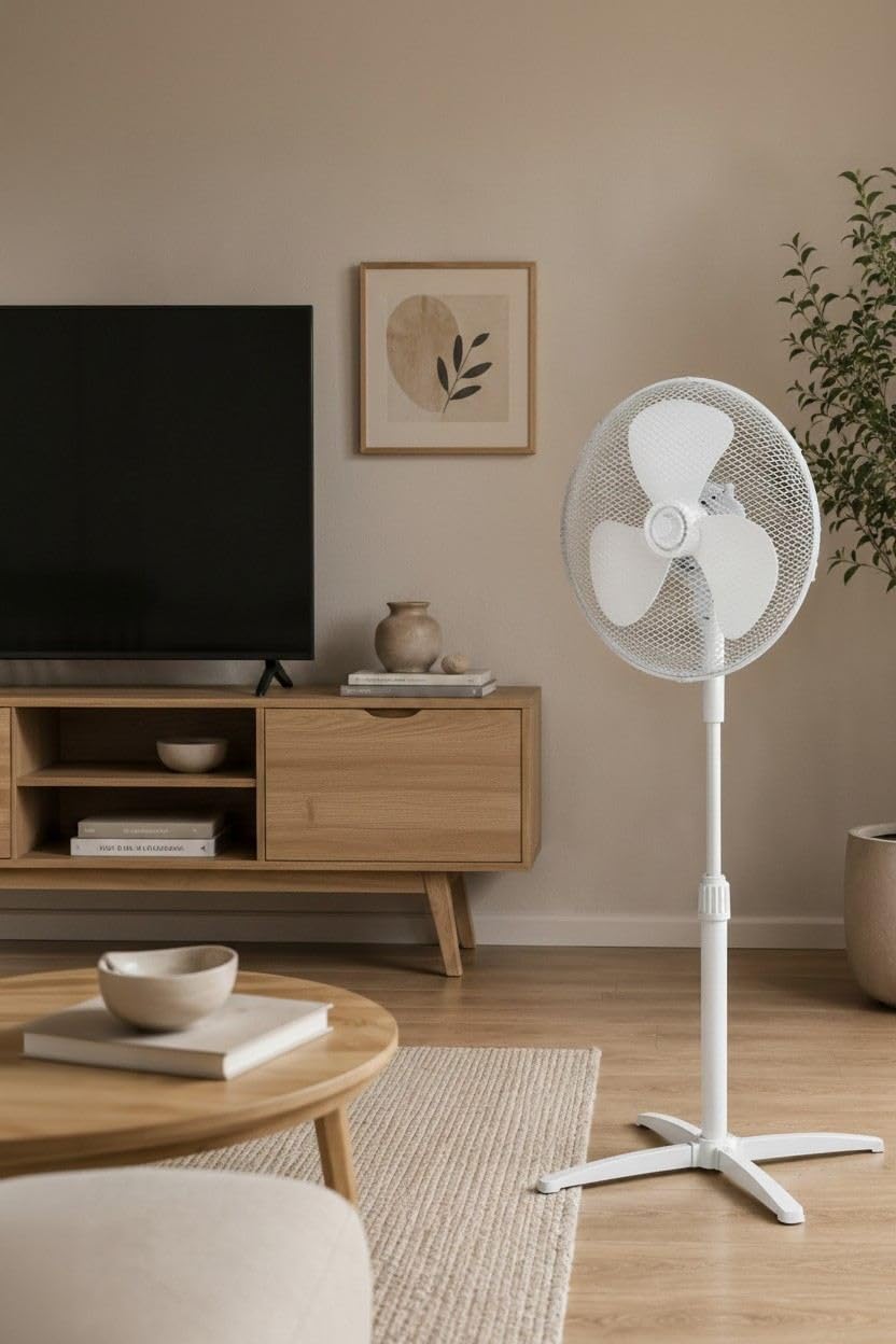 Opviq Kumtel regulowany biały wentylator z oscylacją 80°, 3 poziomy prędkości, silnik miedziany, 40 W, 42,1 x 10,5 x 56,3 cm